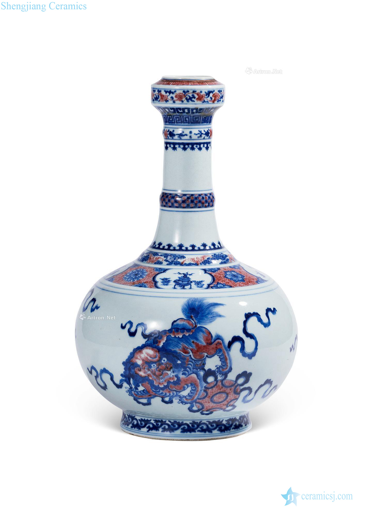 Qing qianlong Blue and white youligong lion play ball bottle of garlic