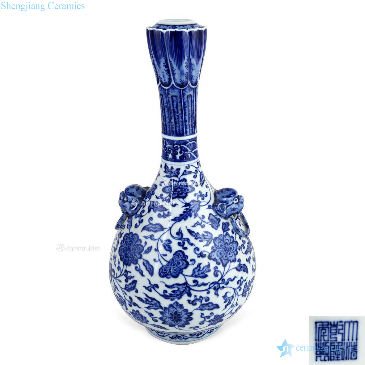 Emperor qianlong Blue and white tie up branch flowers grain lions ears mouth bottle garlic