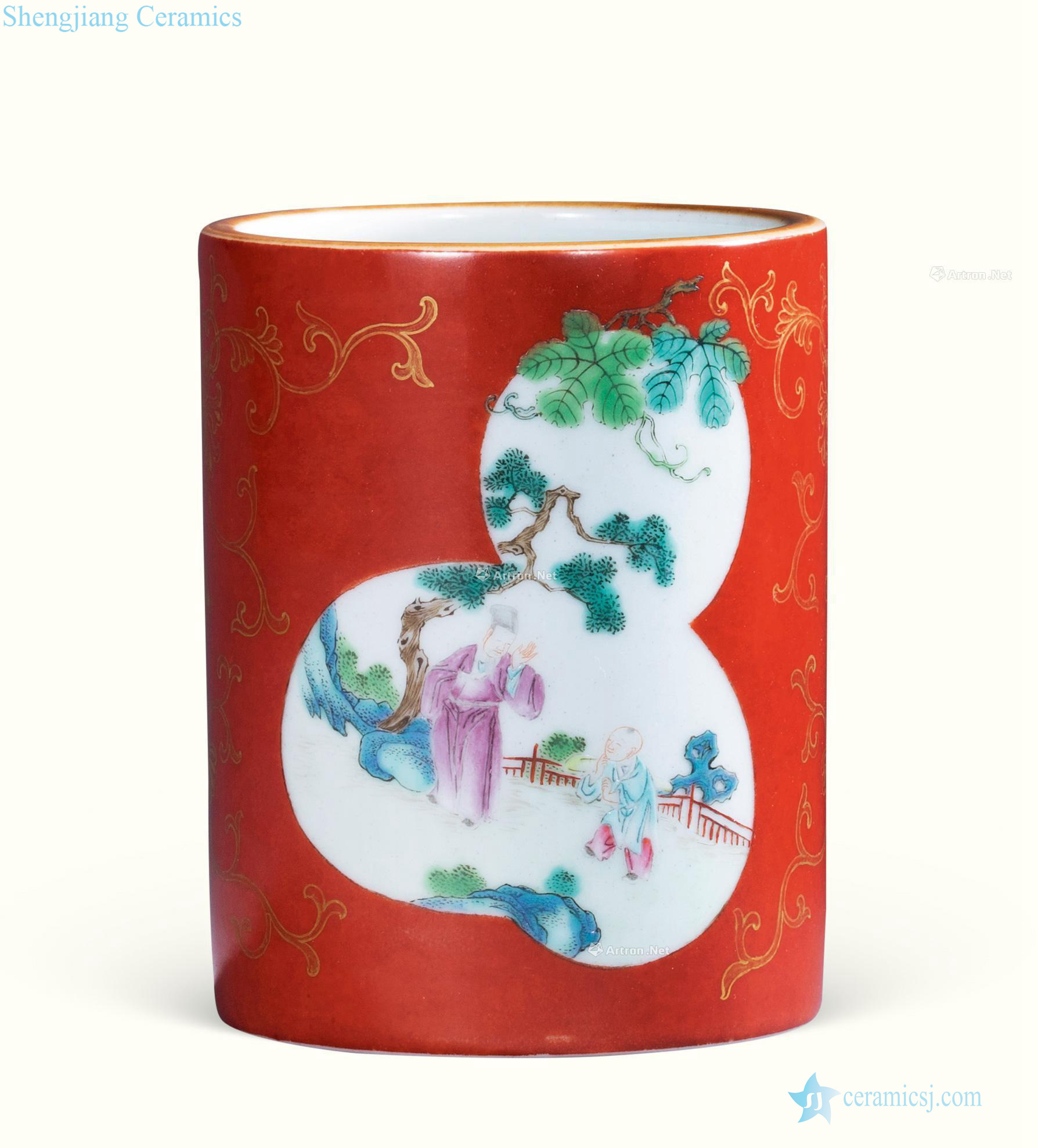 Qing qianlong pastel medallion character figure pen container