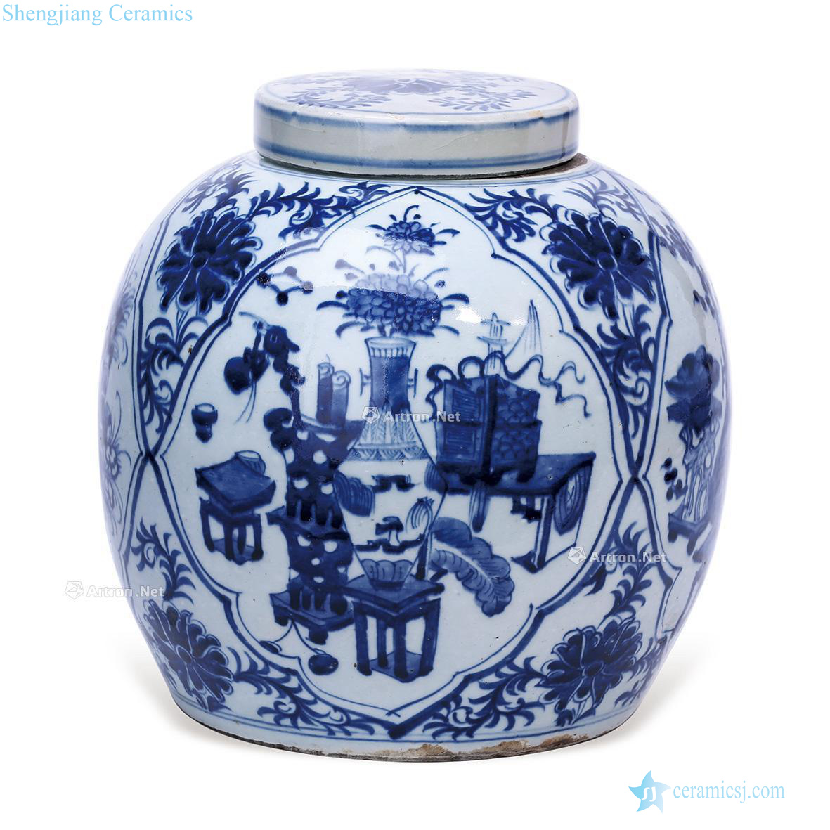 Late qing dynasty Blue and white antique motifs cover tank