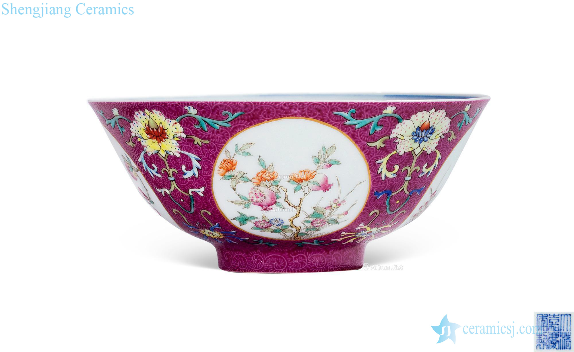 Qing jiaqing enamel rouge purple to rolling medallion flowers green-splashed bowls