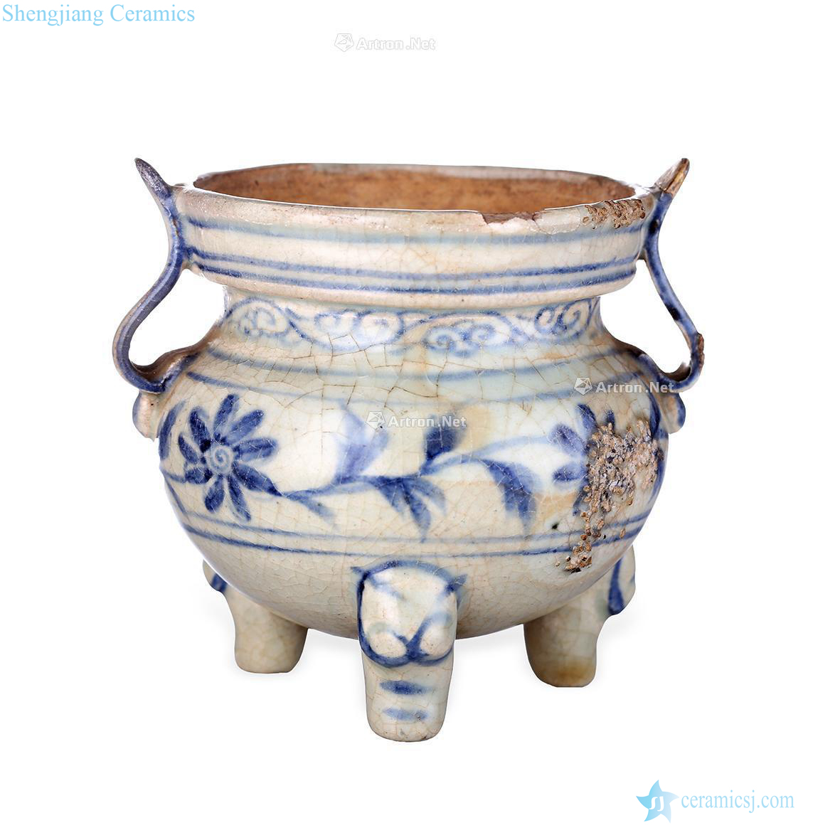 The yuan dynasty Blue and white flower grain ribbon around branches ear furnace with three legs