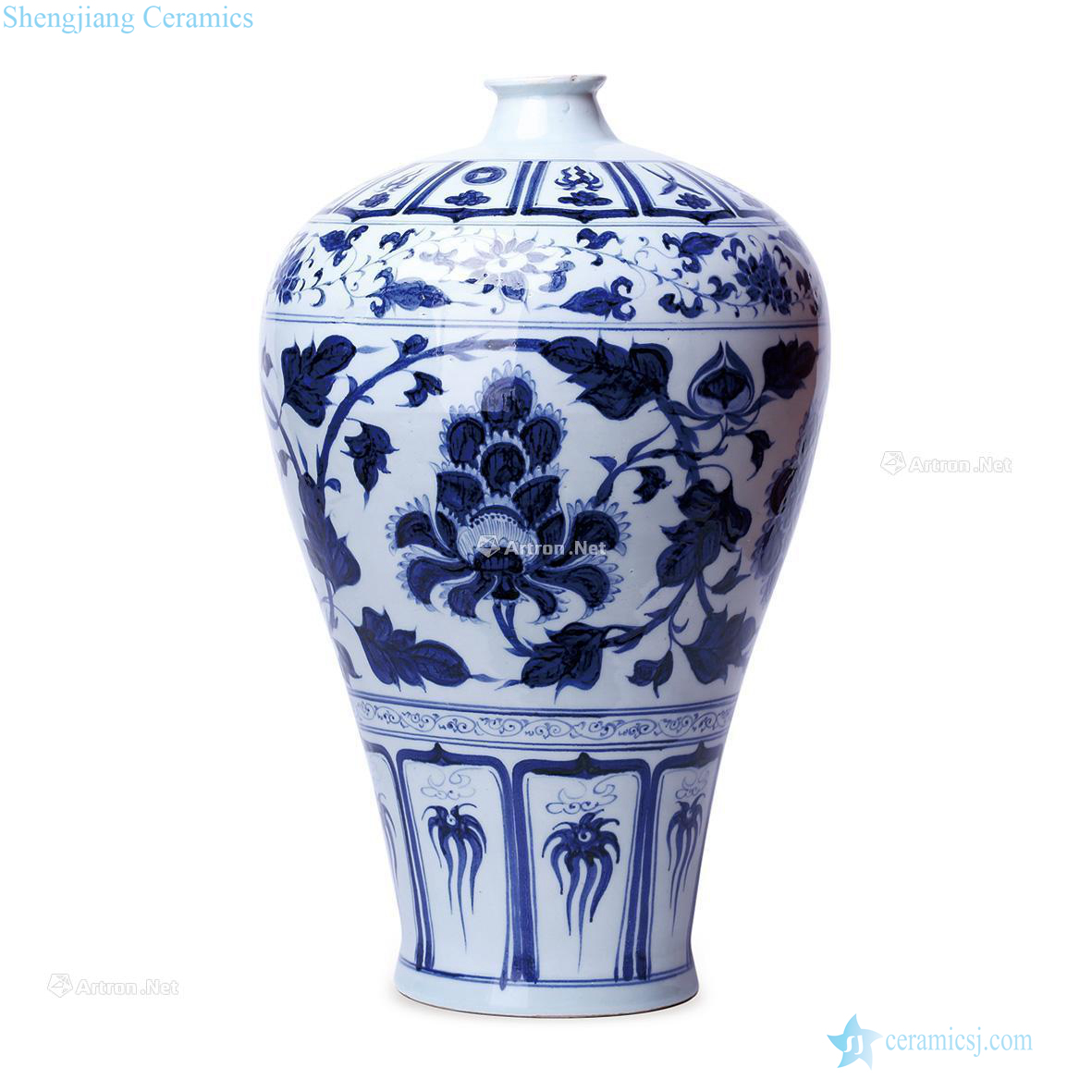 At the end of the yuan Ming Blue and white peony grain mei bottle