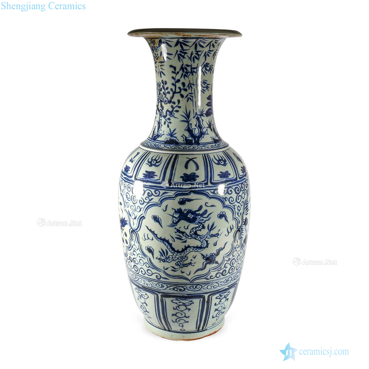The yuan dynasty Blue and white medallion longfeng grain mouth bottle