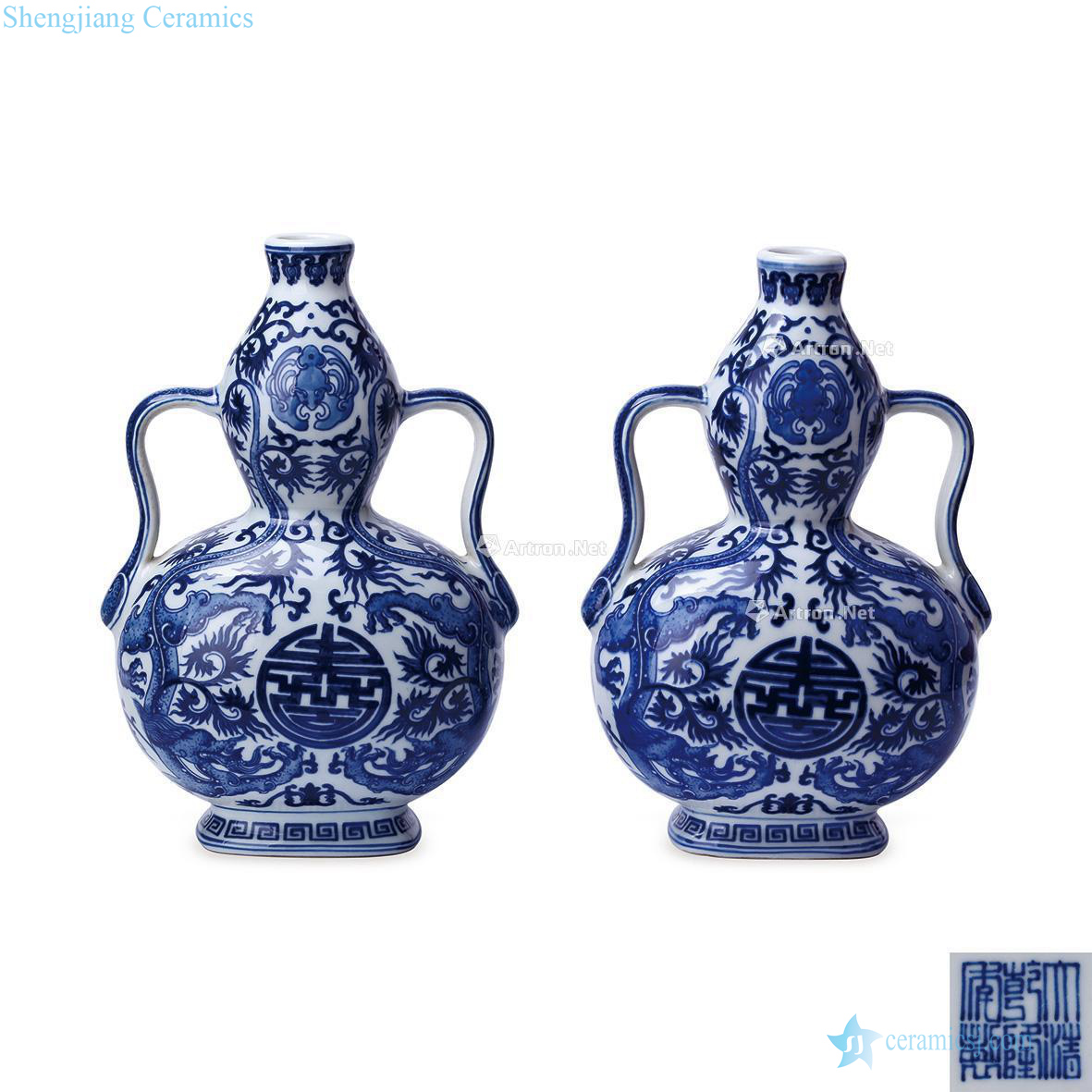 Qing qianlong Blue and white ssangyong life of hoist ribbon bottle