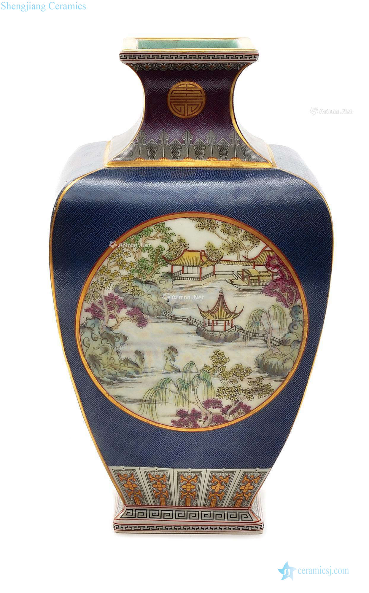 In the qing dynasty in blue enamel medallion landscape grain square bottles