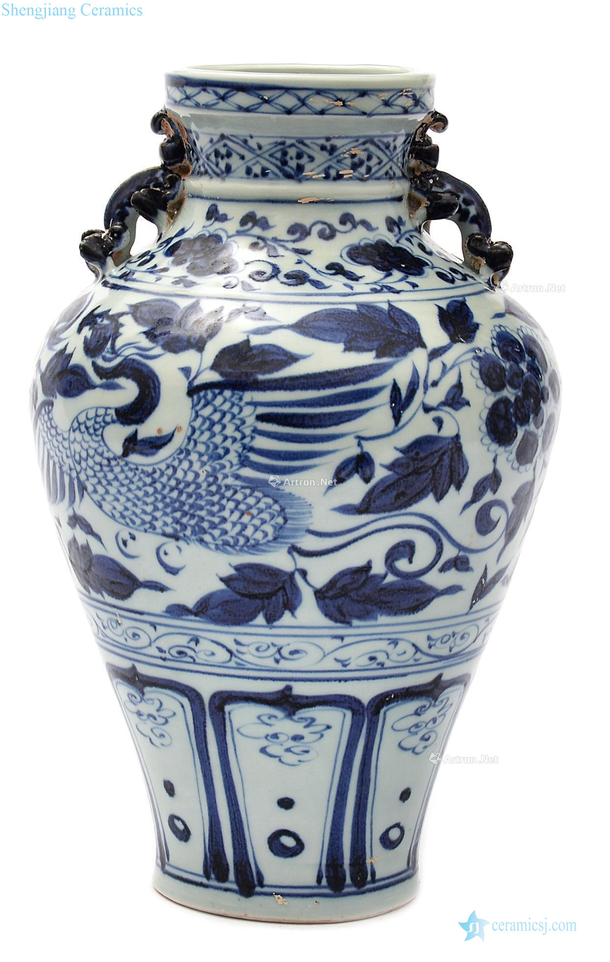 Early Ming dynasty Blue and white floral grain therefore ear dish buccal bottle