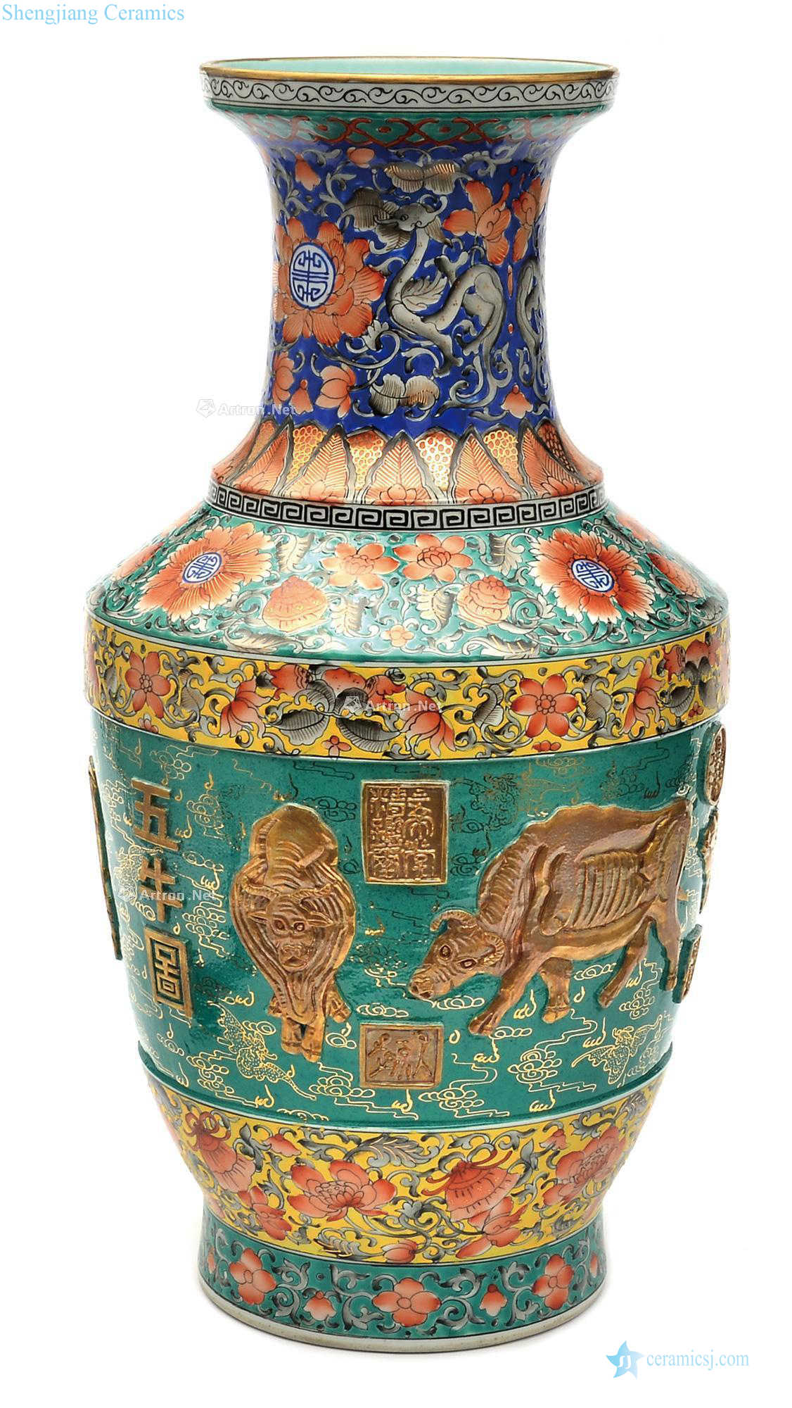 Colorful paint five NiuTu dish buccal bottle in the qing dynasty
