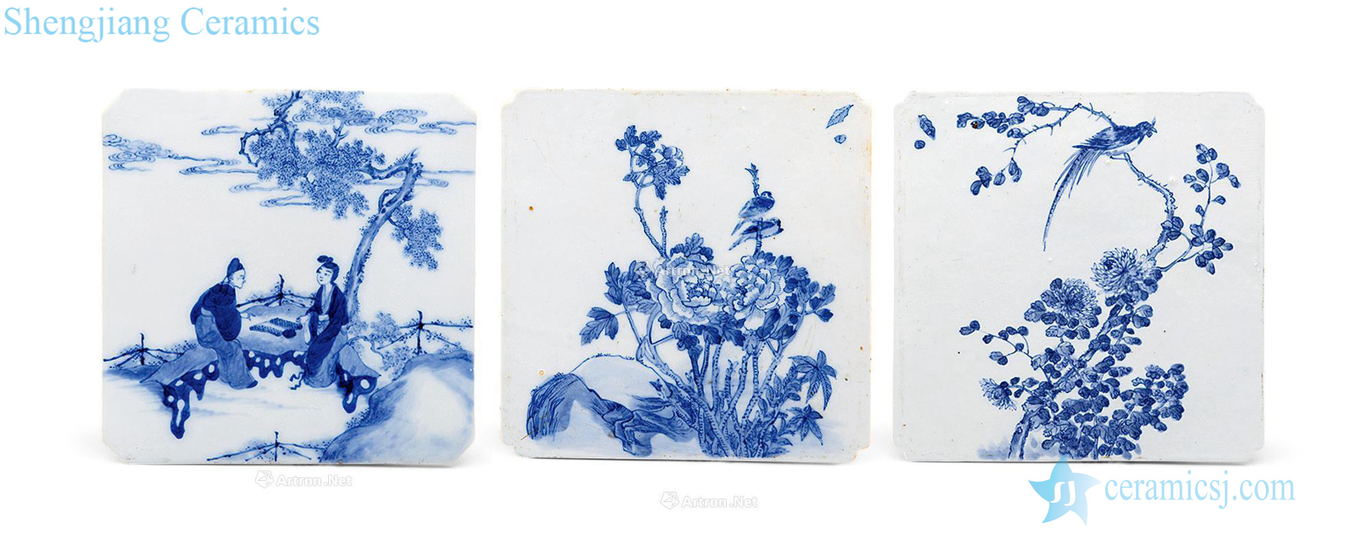 qing Blue and white porcelain plate characters and flowers and birds flowers (a group of three)