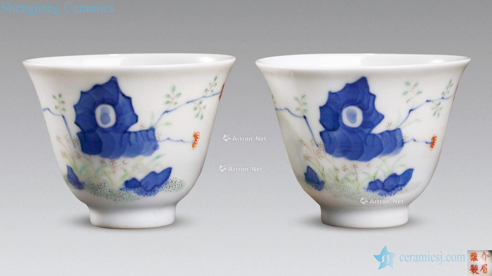 Qing guangxu Wang Jiemei draw porcelain enamel flower lake stone cup (a)