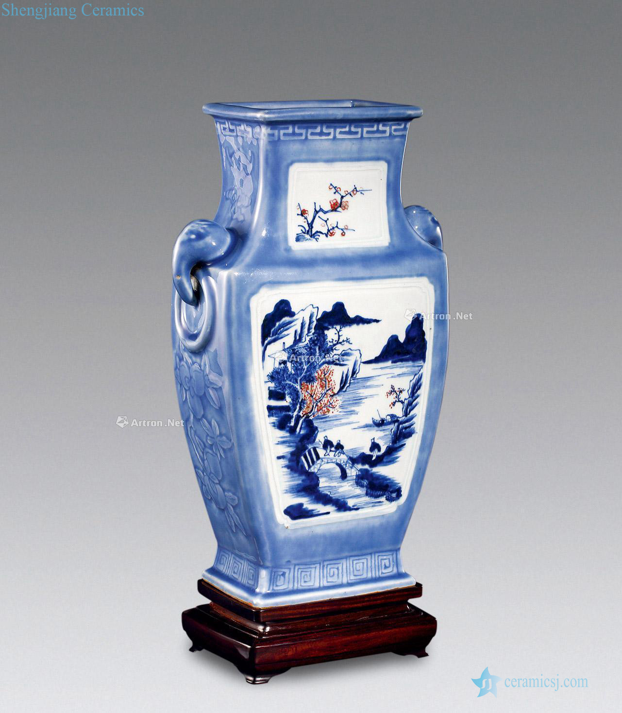 Qing qianlong azure blue and white youligong landscape pattern to open a box like ears