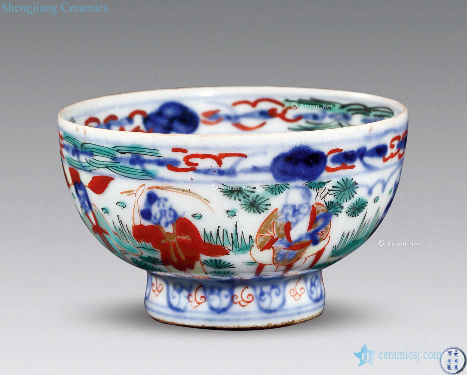 Ming wanli Blue and white green-splashed bowls colorful characters