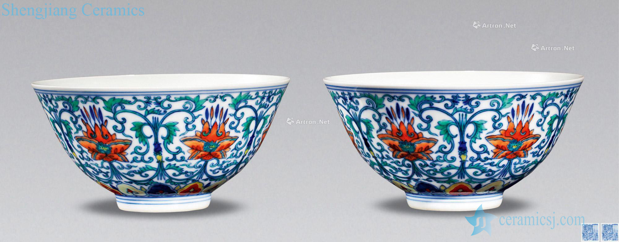 Qing jiaqing Lotus flower green-splashed bowls her bucket color (a pair)