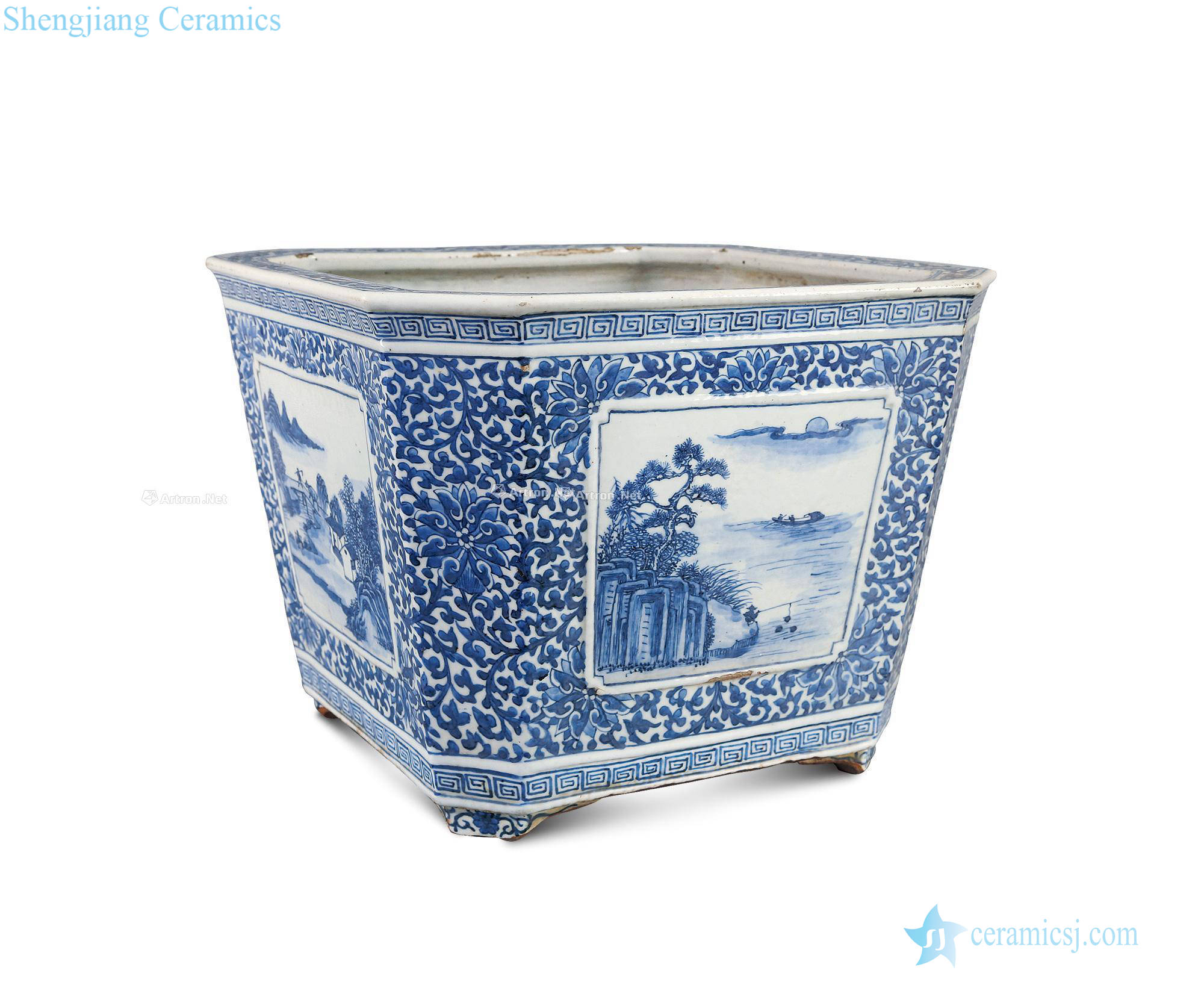 Mid qing Blue and white far the plow woven square flowerpot