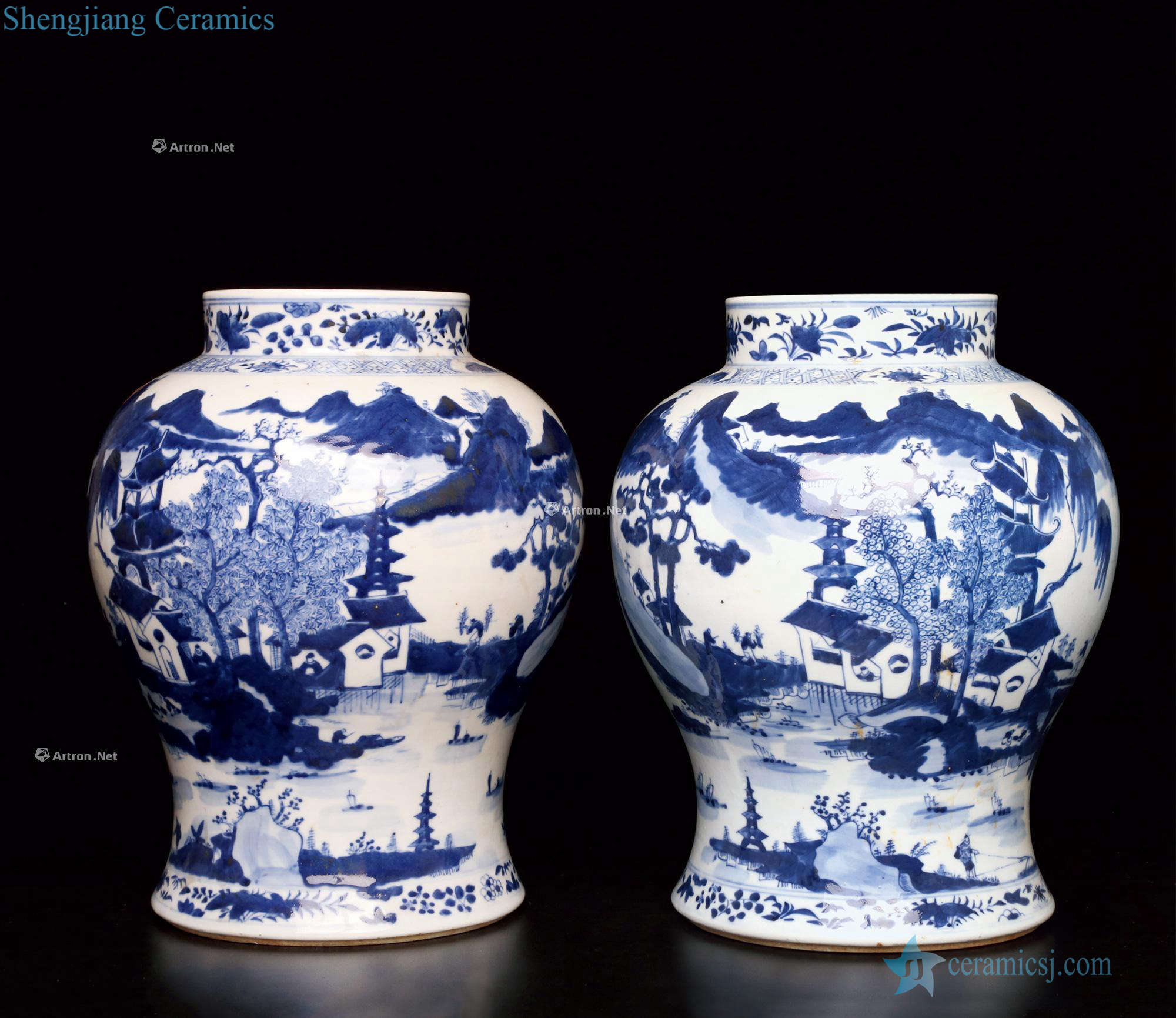 Mid qing Blue and white landscape character, general tank (a)