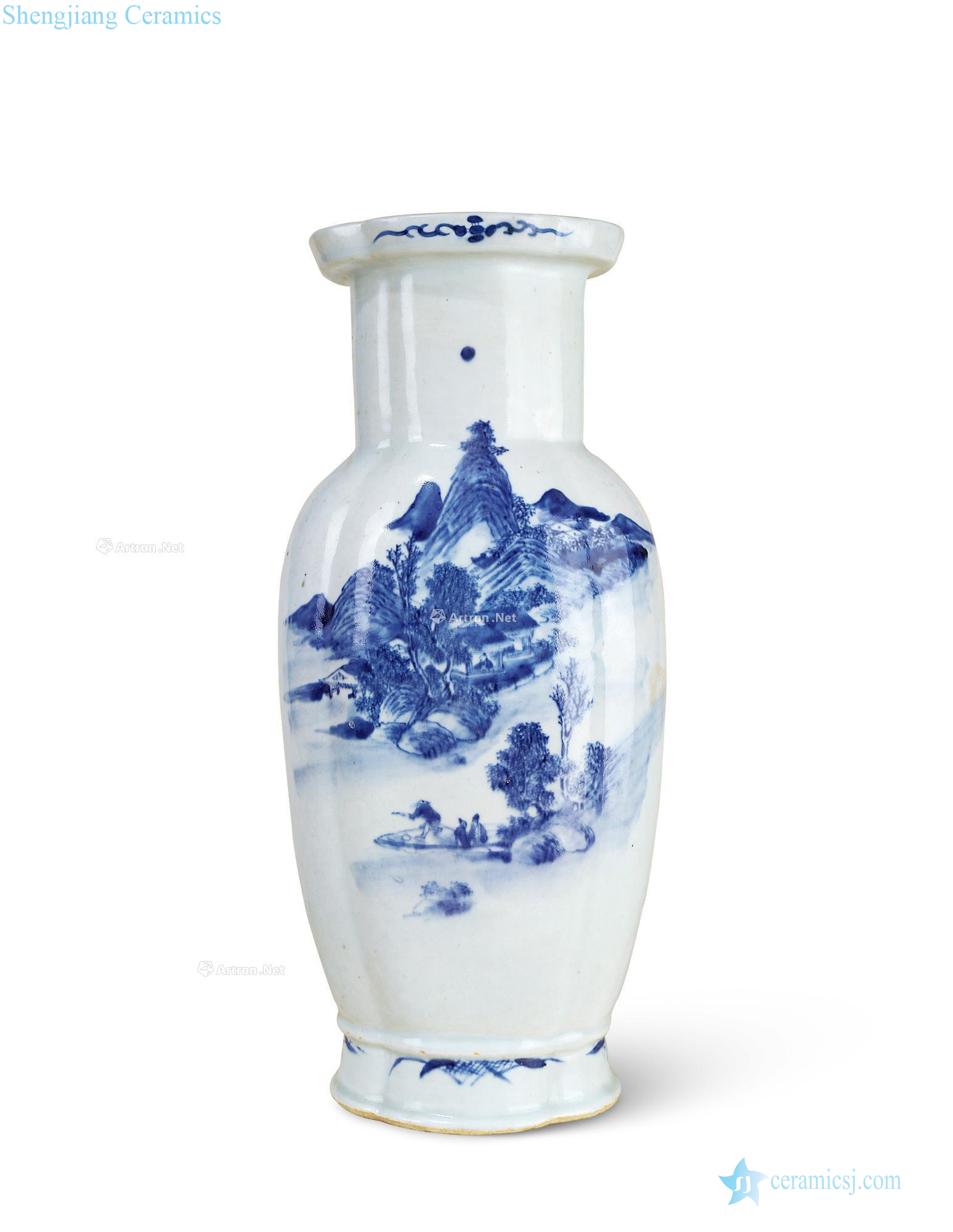 In the early qing Blue and white landscape character haitang shaped flat bottles