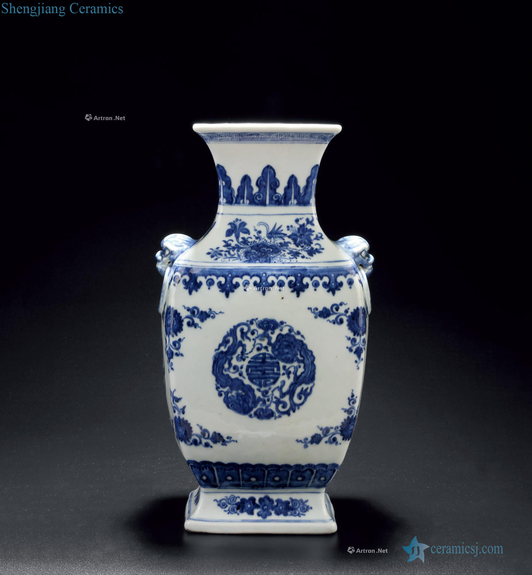 Mid qing Blue and white dragon life of word square bottles