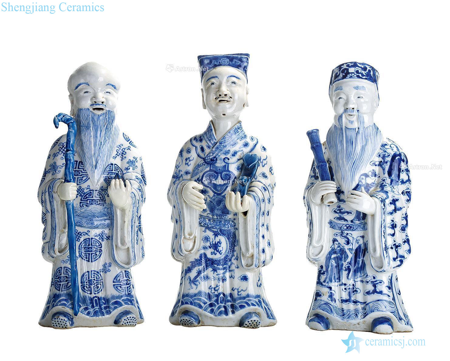 qing Blue and white fu lu shou samsung statues