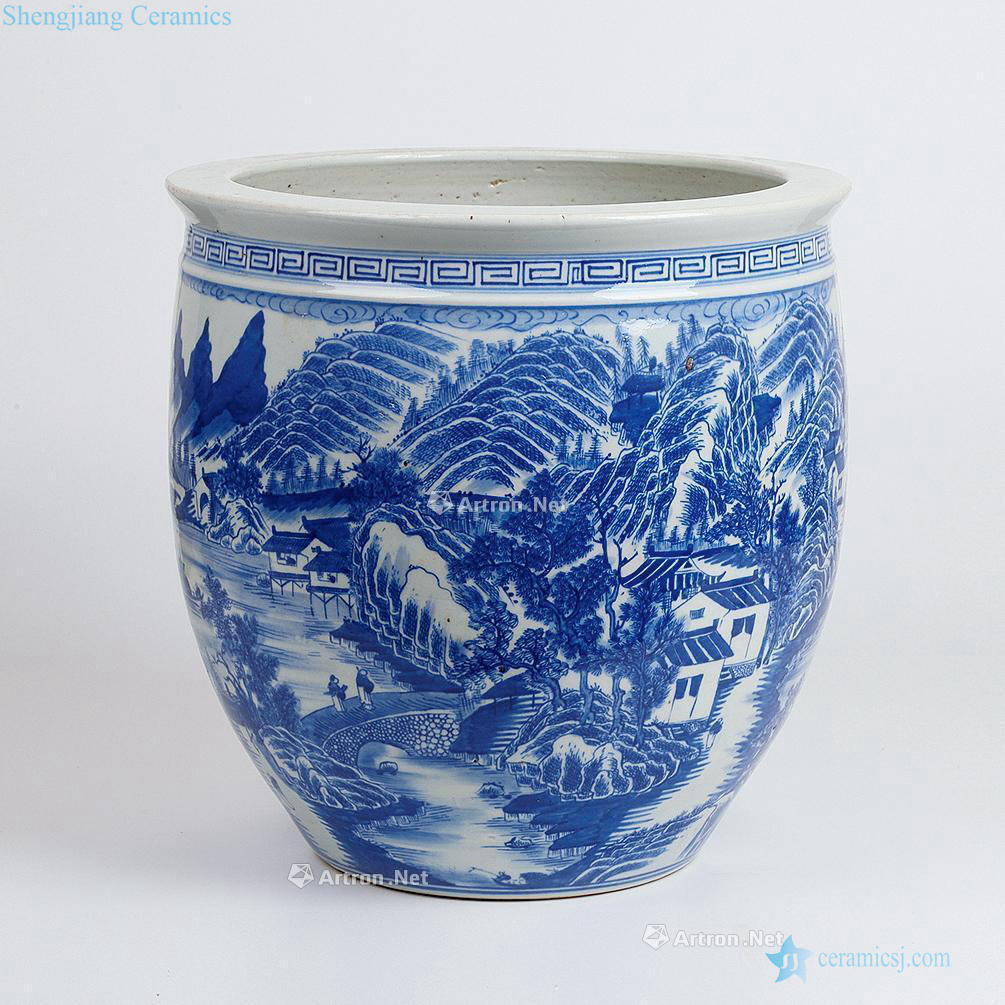 qing Blue and white landscape pattern drawing cylinder