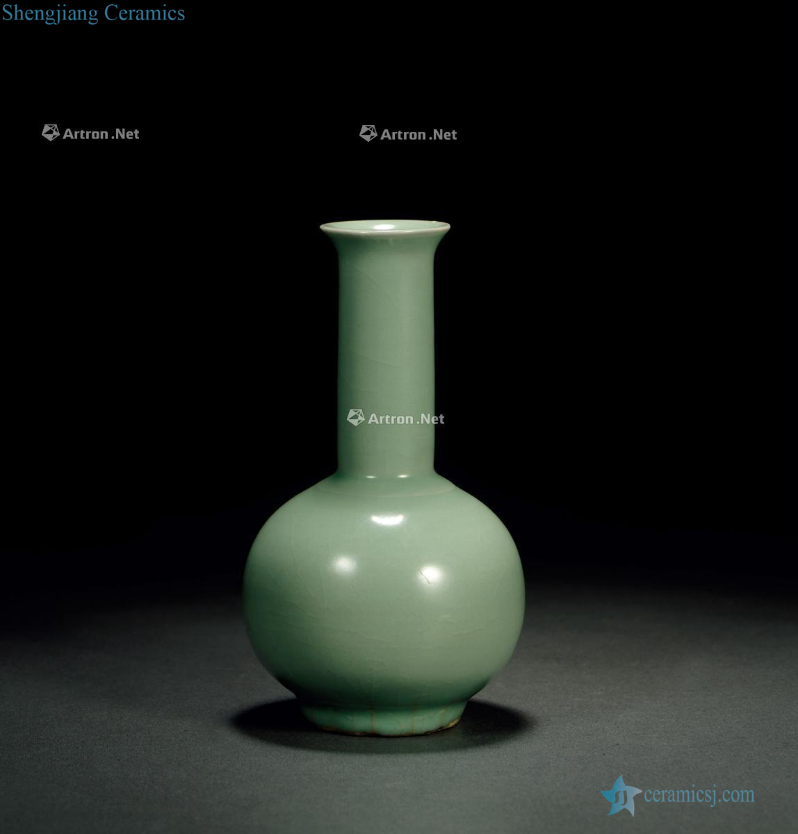 Ming or earlier, longquan celadon powder blue glaze straight mouth bottle