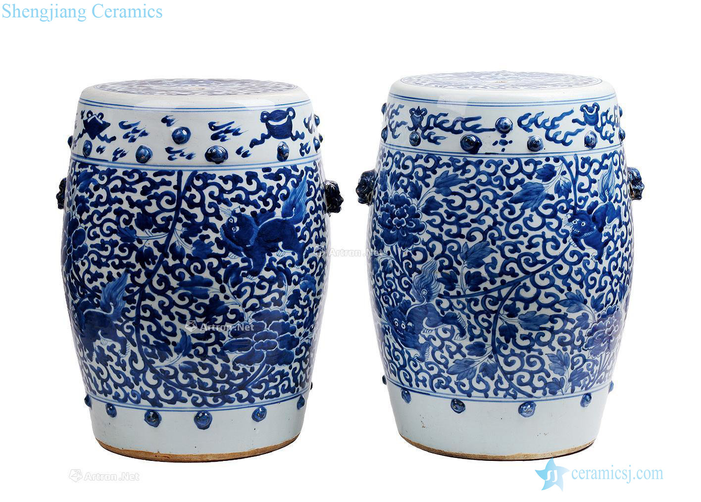 qing Blue and white tie up branch flowers lion ZiWen drum stool