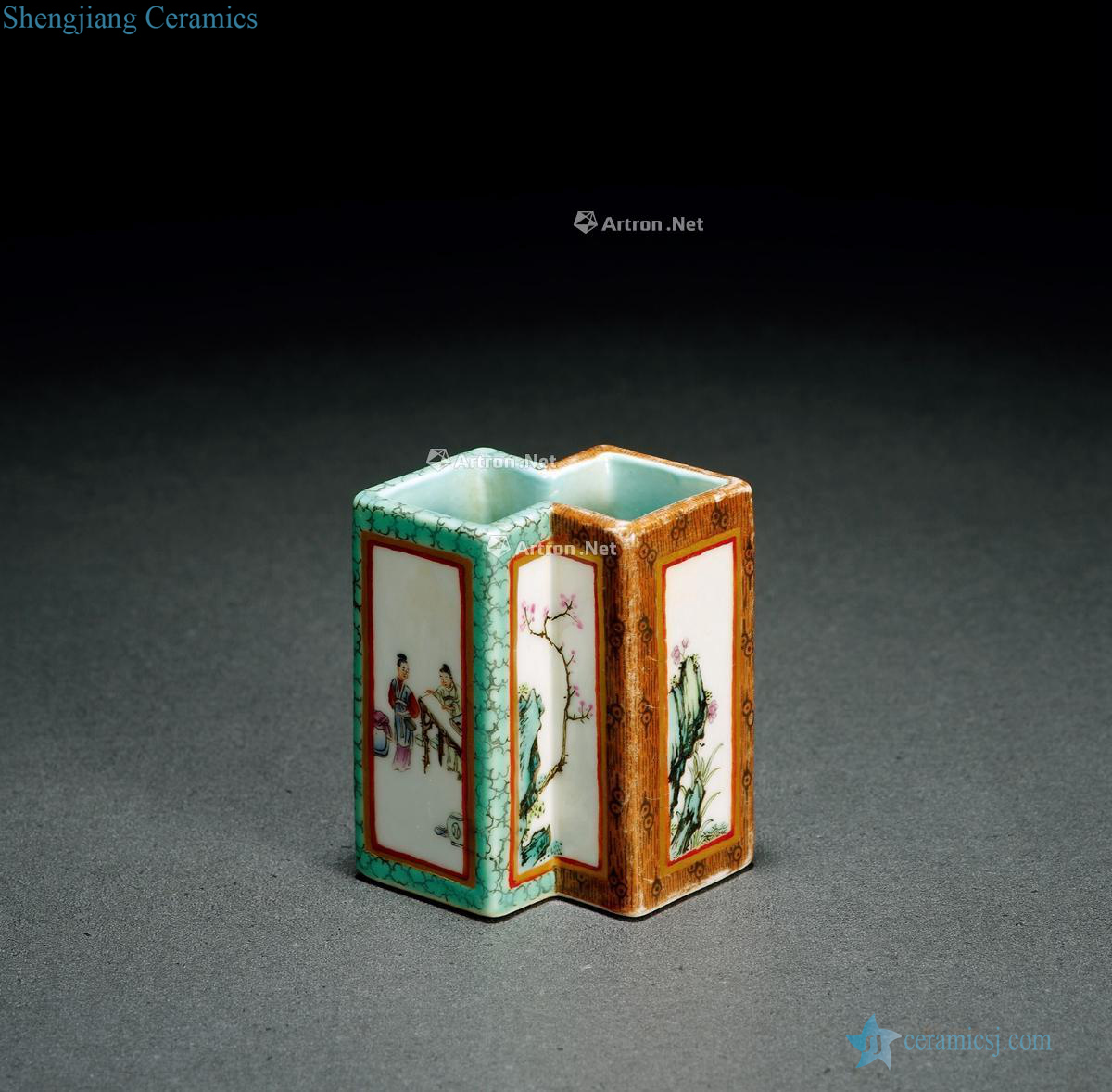 Stories of qing qianlong · pastel figure fangsheng shaped brush pot
