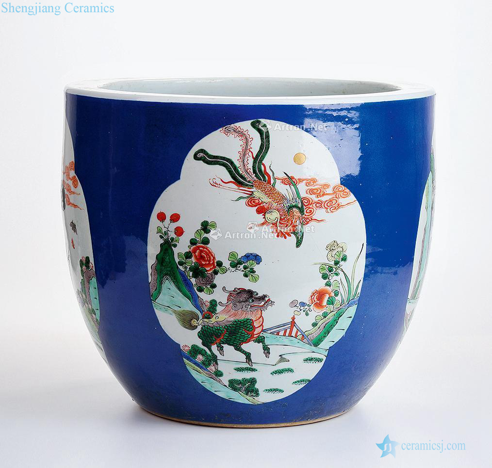 Qing ji blue glaze window pastel kylin grain cylinder