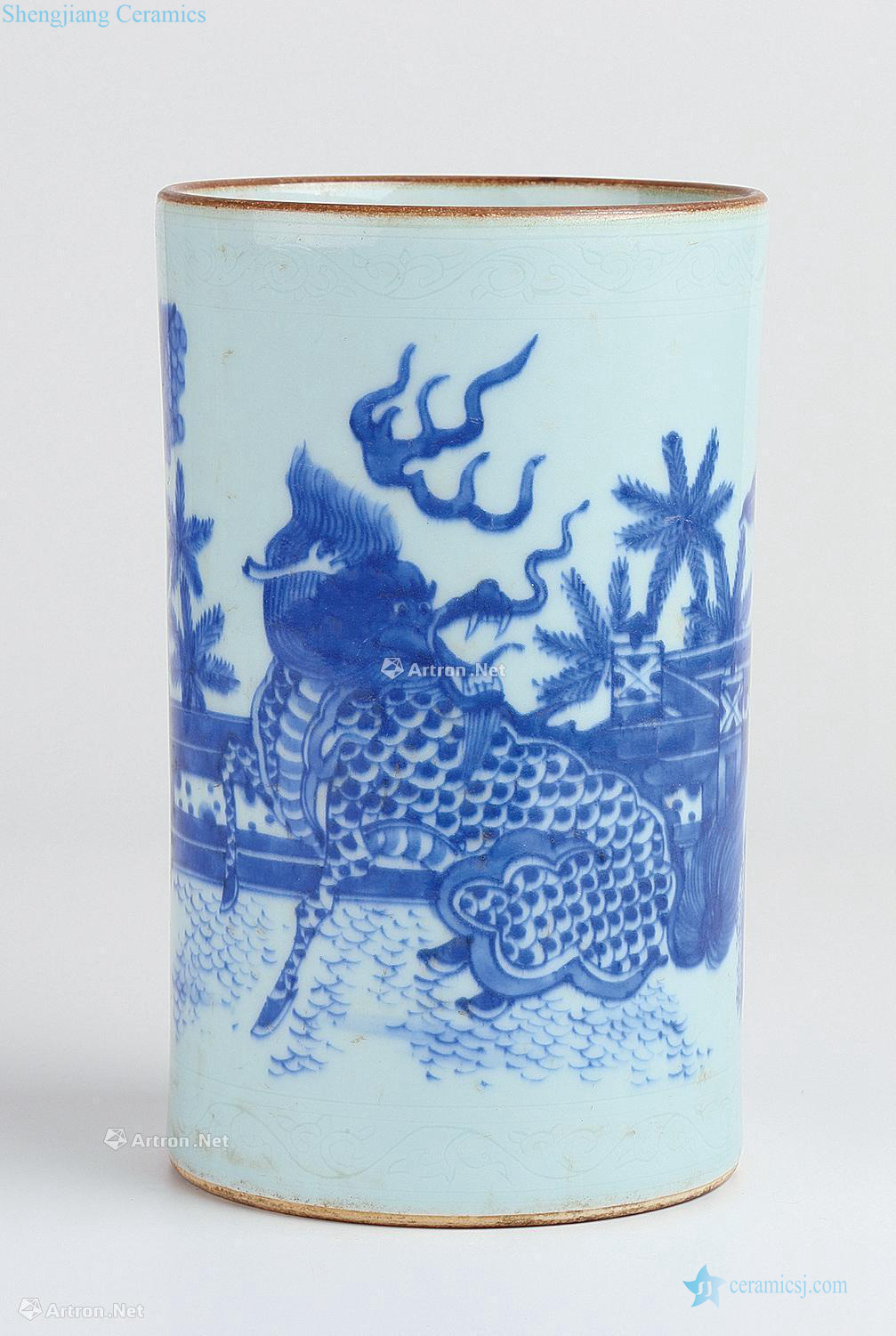 Qing dynasty blue-and-white kylin grain brush pot