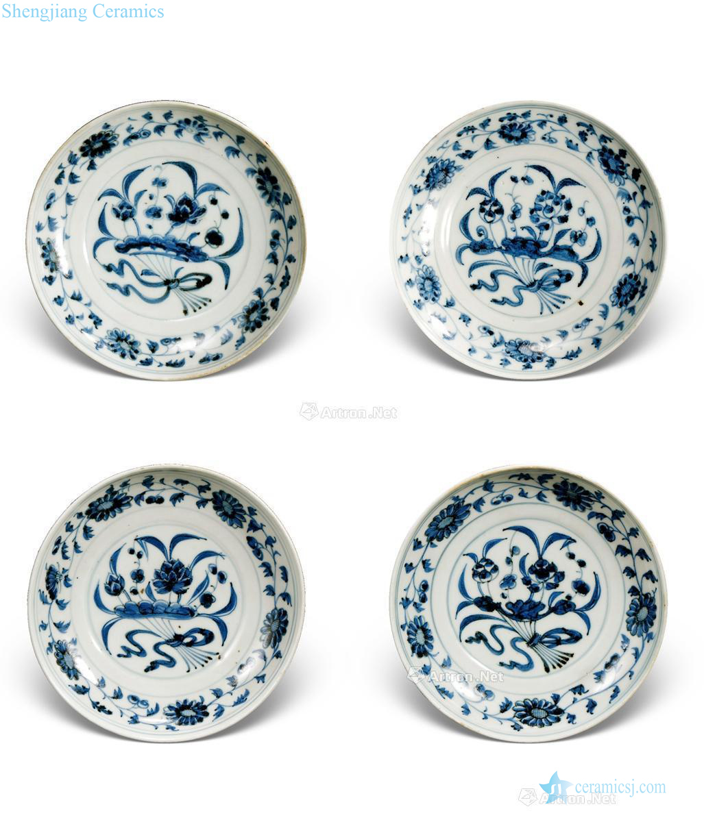 Yuan blue and white, a bunch of lotus tray (a group of four pieces)