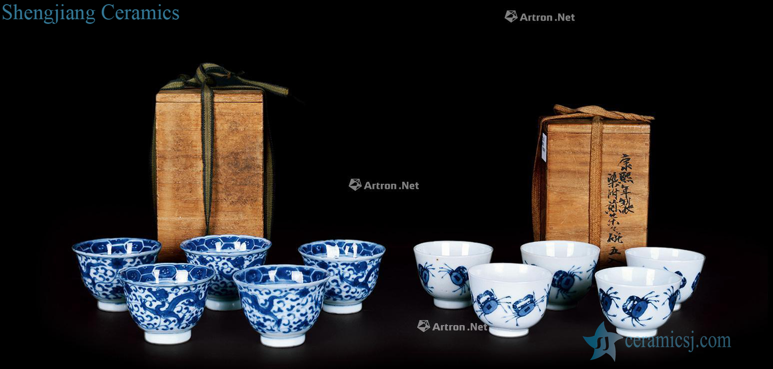 Clear blue across thousands of miles cup (box), blue and white dragon wear peony pattern glass (a set of ten pieces)