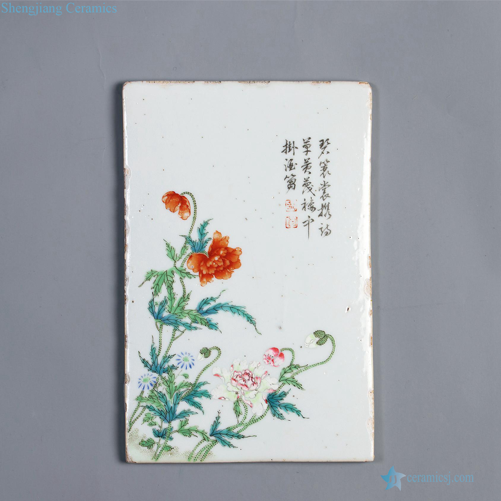 Qing qianlong pastel flowers poetry small porcelain plate