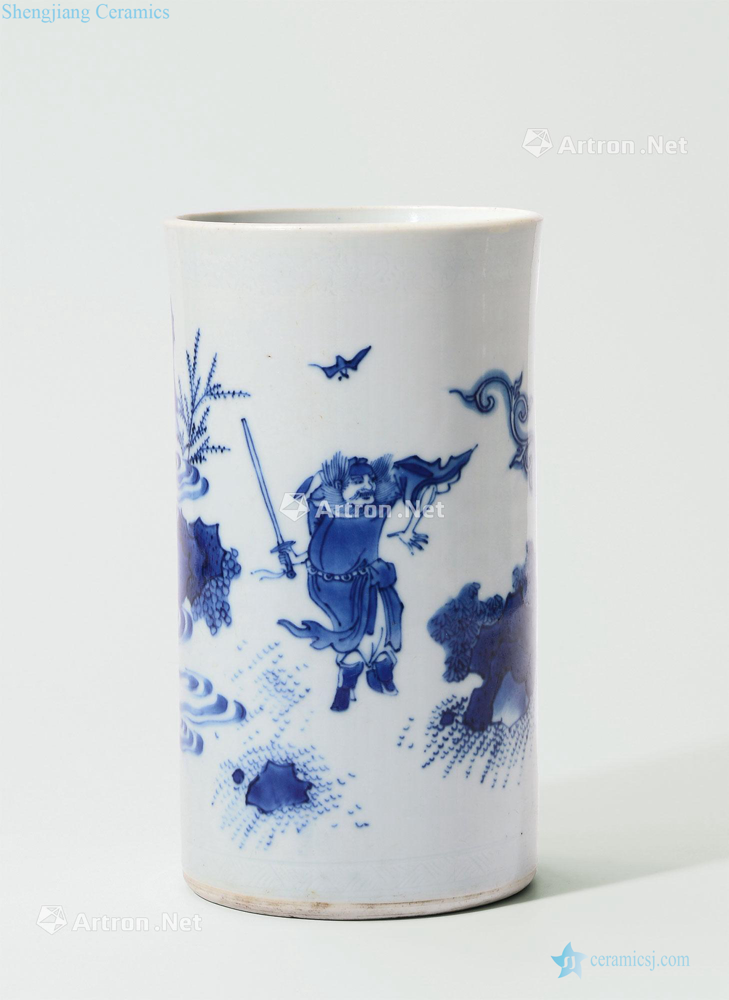 Blue and white doors of Ming chongzhen figure pen container