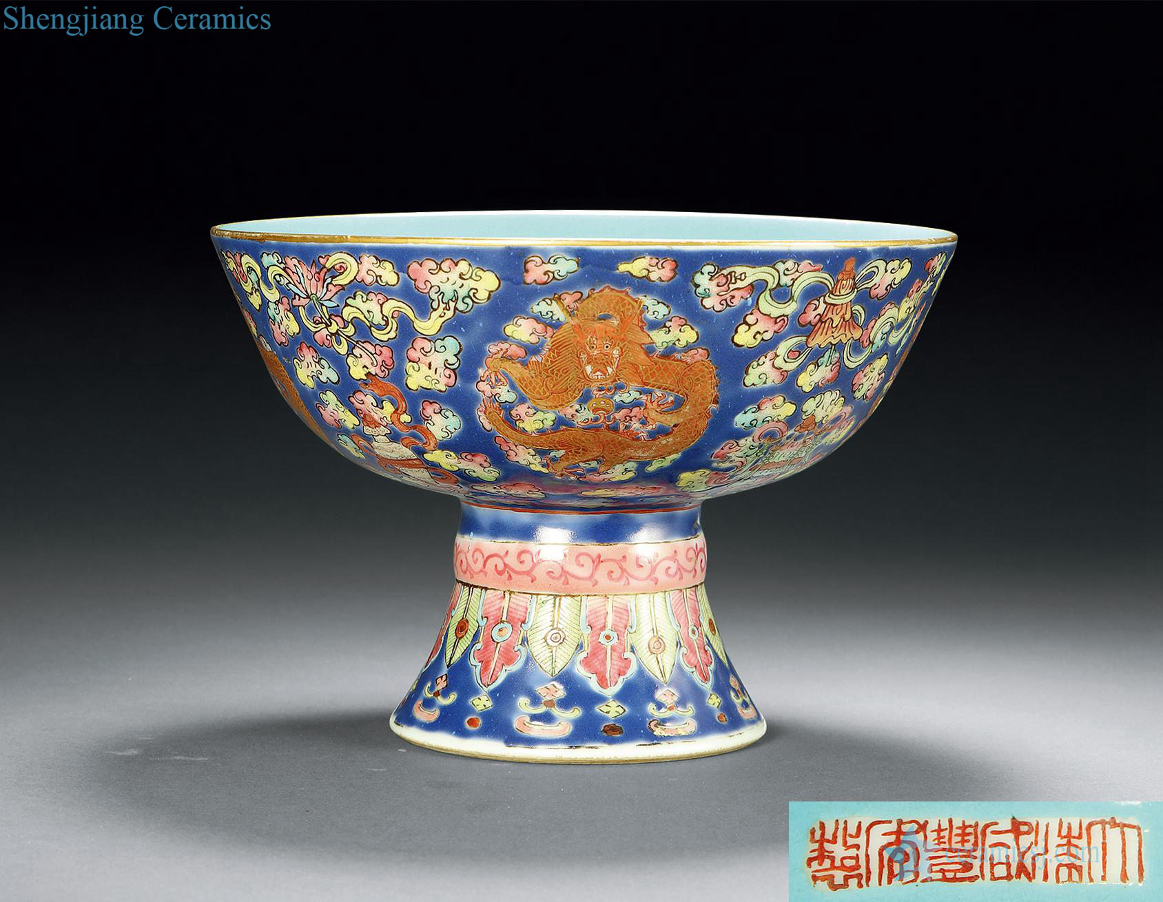 Qing xianfeng enamel paint group dragon sweet lines within the turquoise glazed footed bowl