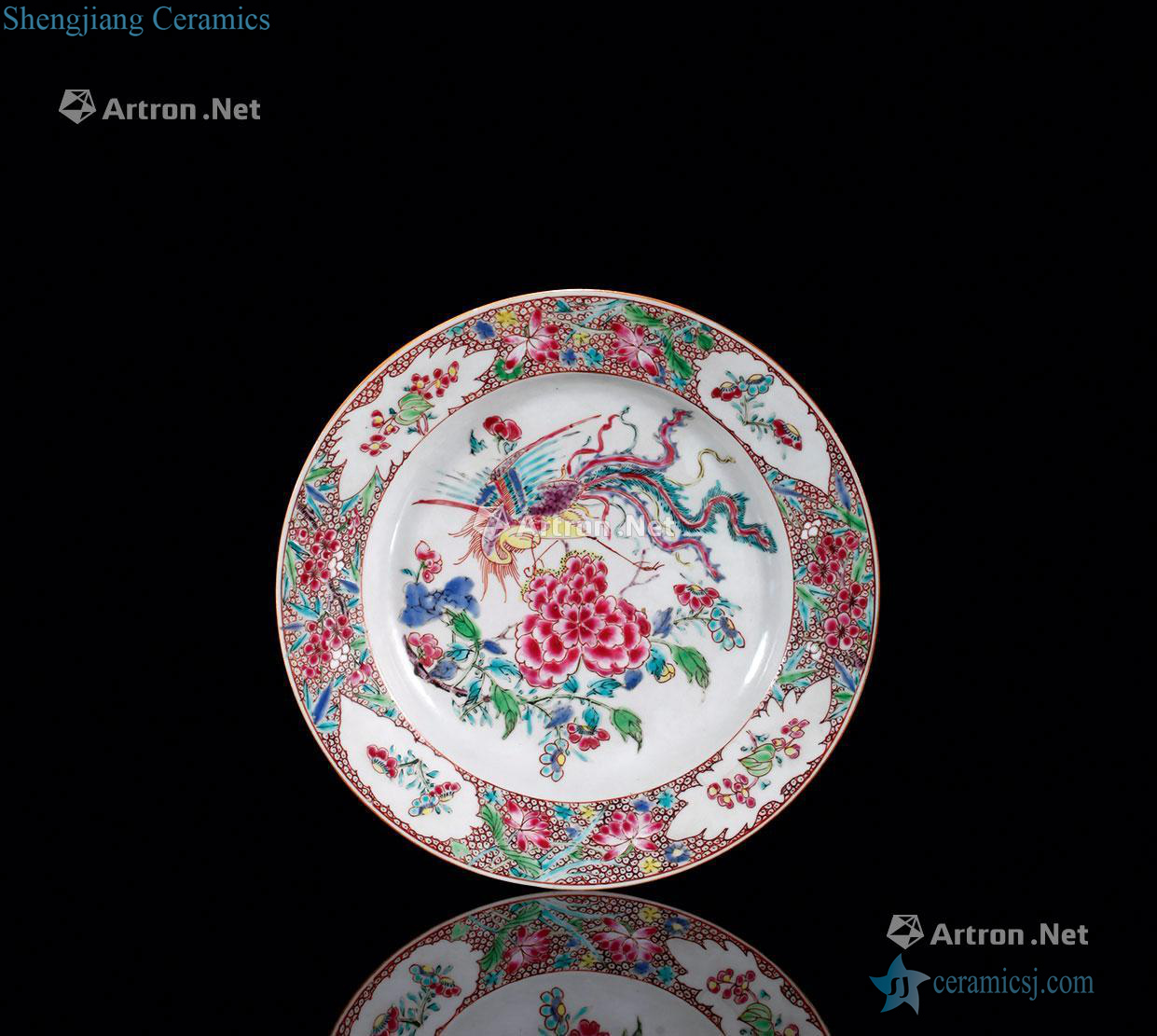 Qing qianlong pastel phoenix peony fold along the plate