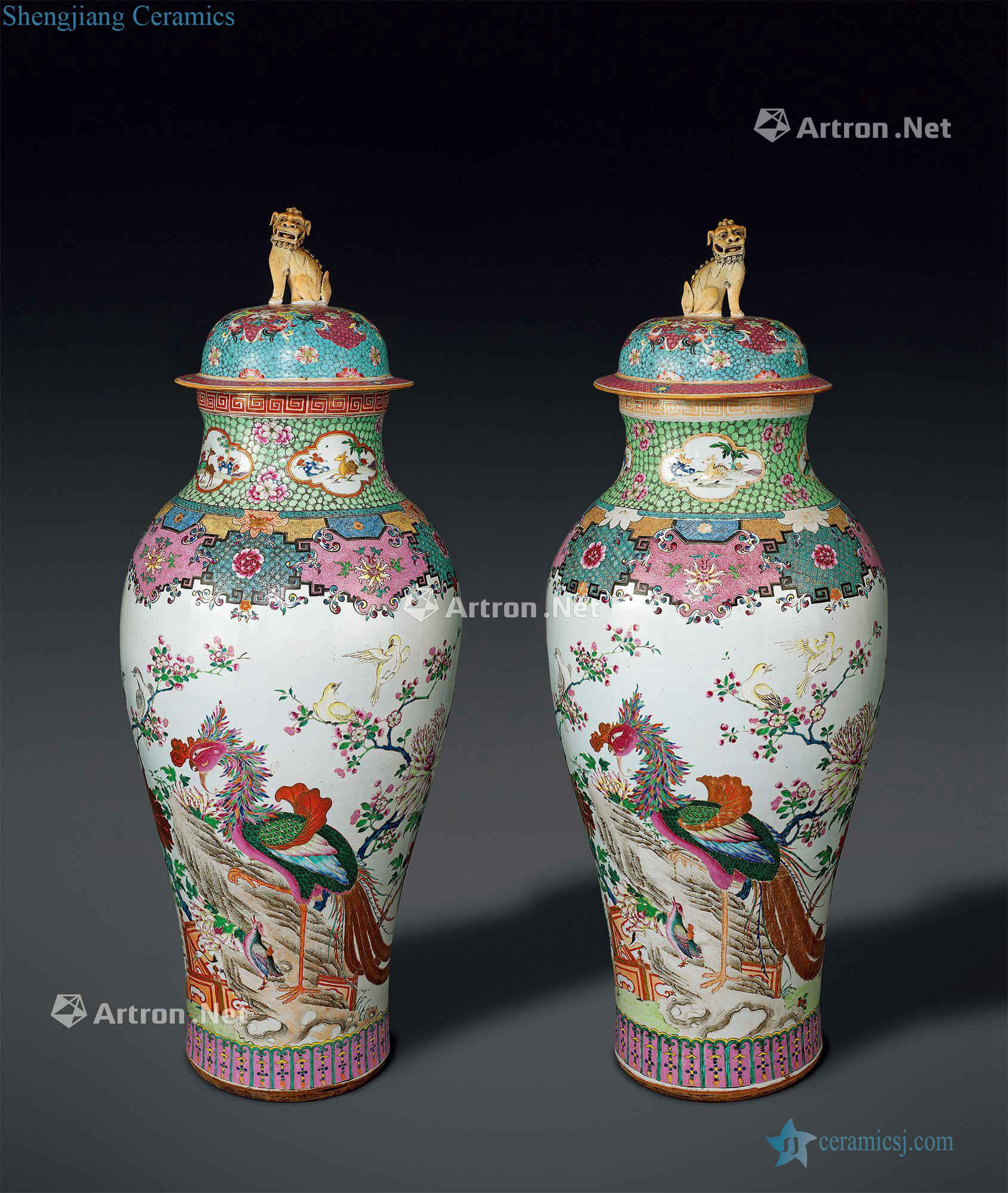 Qing yongzheng pastel phoenix peony lines cover bottle (a)