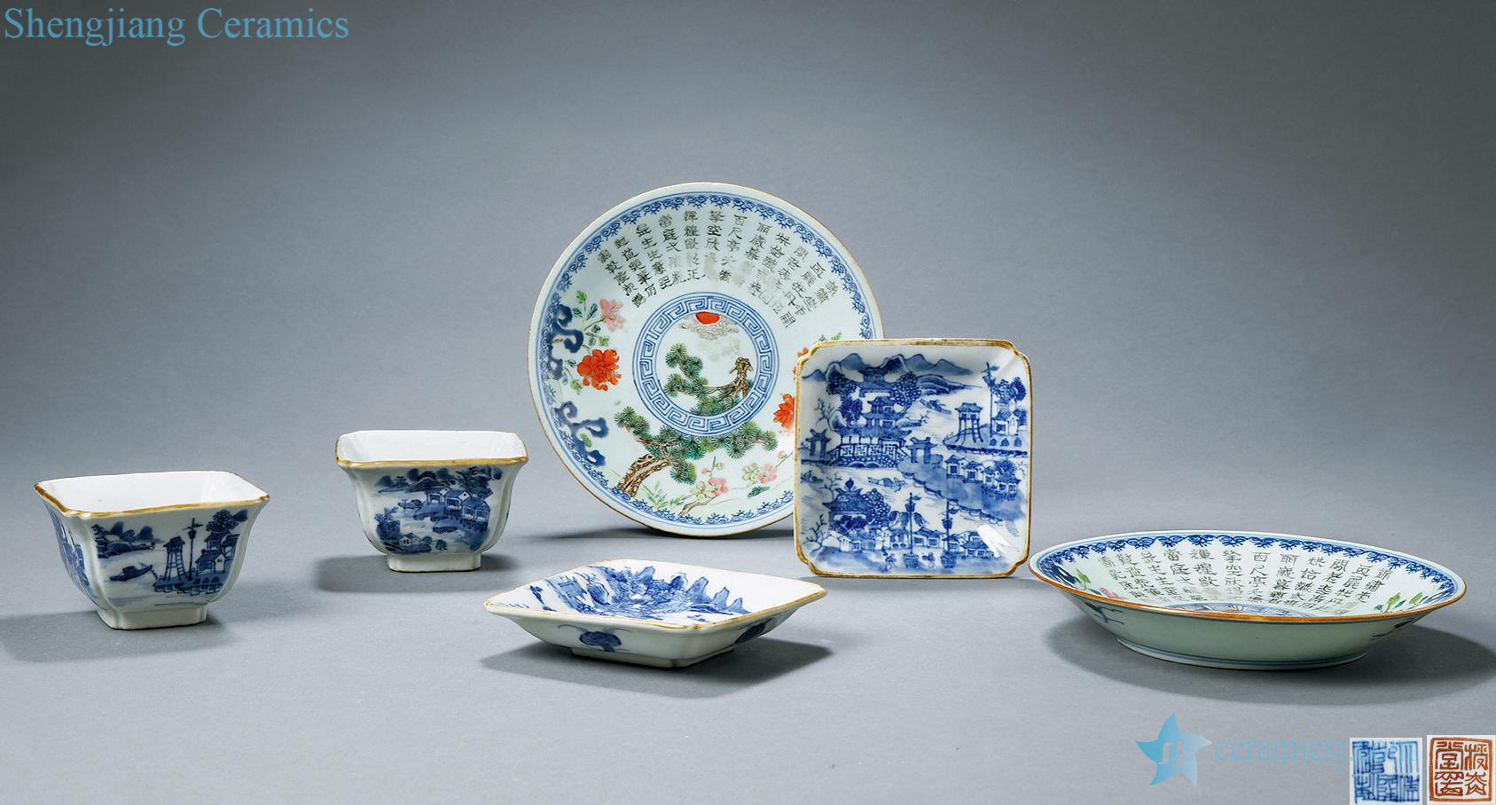 Qing qianlong Grant ShouTang blue and white gazebo cup, two pairs of, qianlong royal blue and white powder enamel plate problem a couple (four)