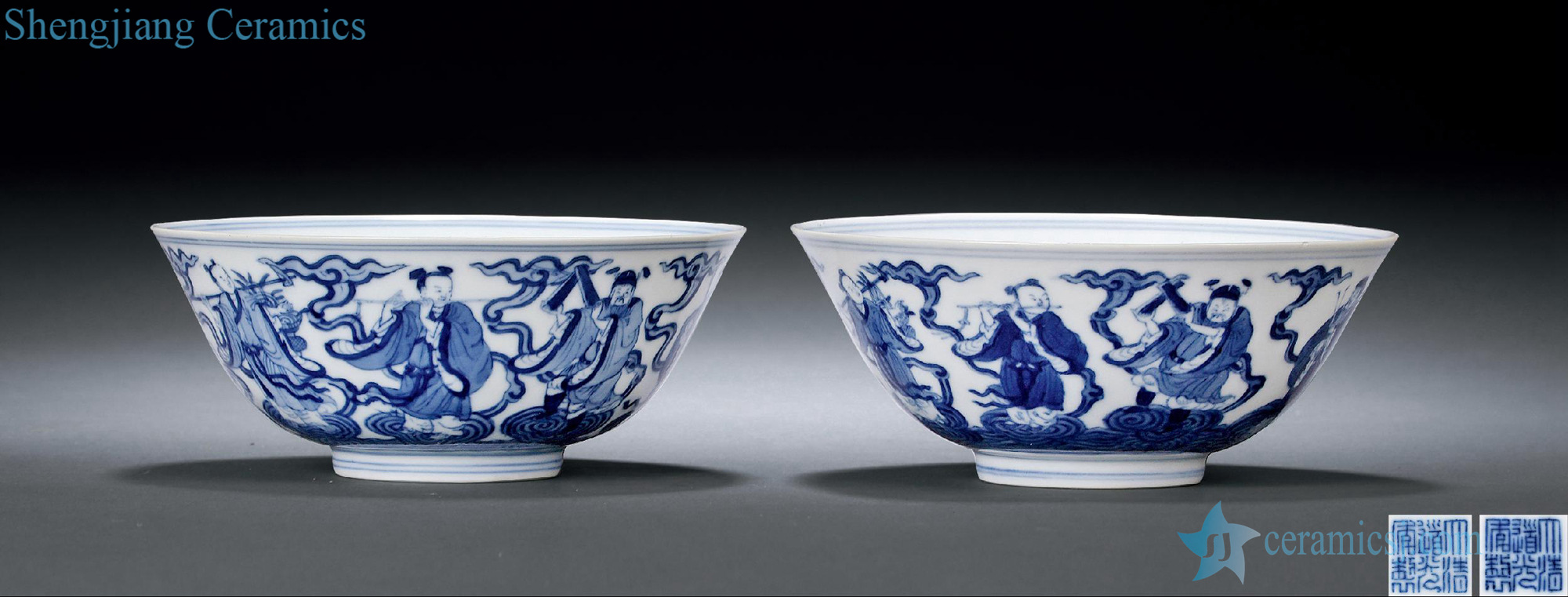 Qing daoguang Blue and white bowl of the eight immortals characters (a)