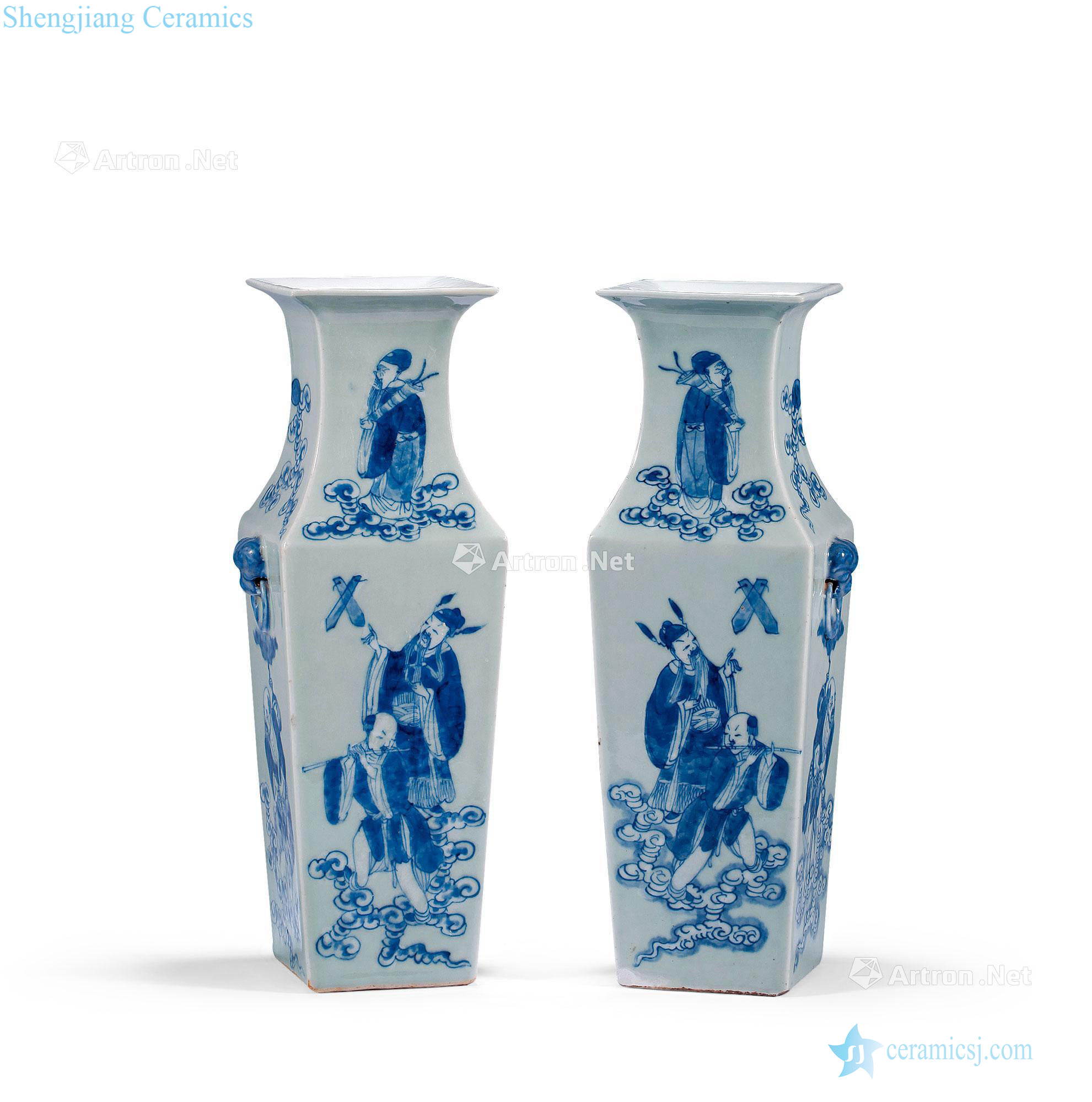 Qing pea green glaze porcelain of the eight immortals people square bottle (a)