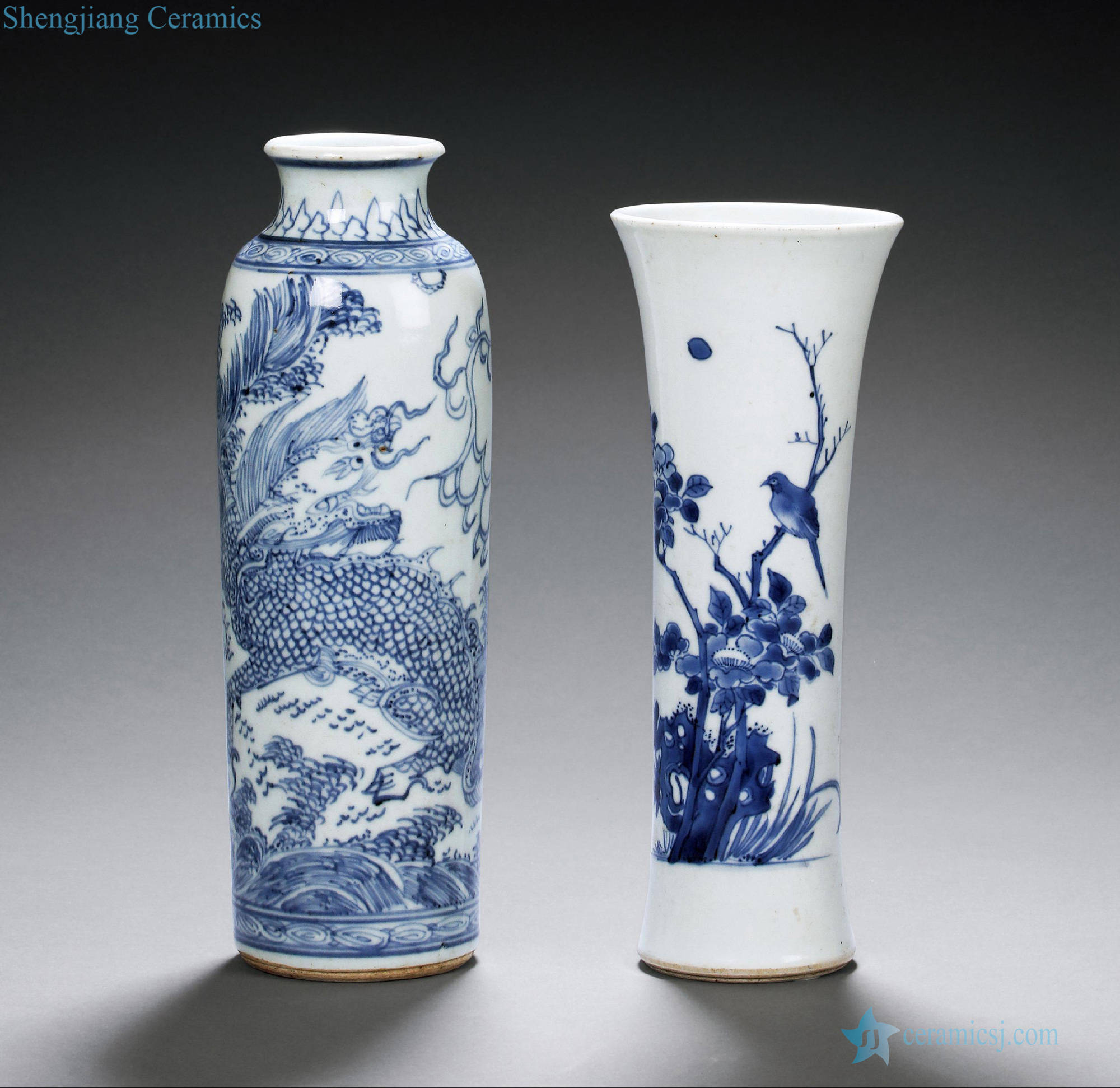 Qing shunzhi Blue and white paint kirin cylinder bottle, blue and white flower flower vase with (two)