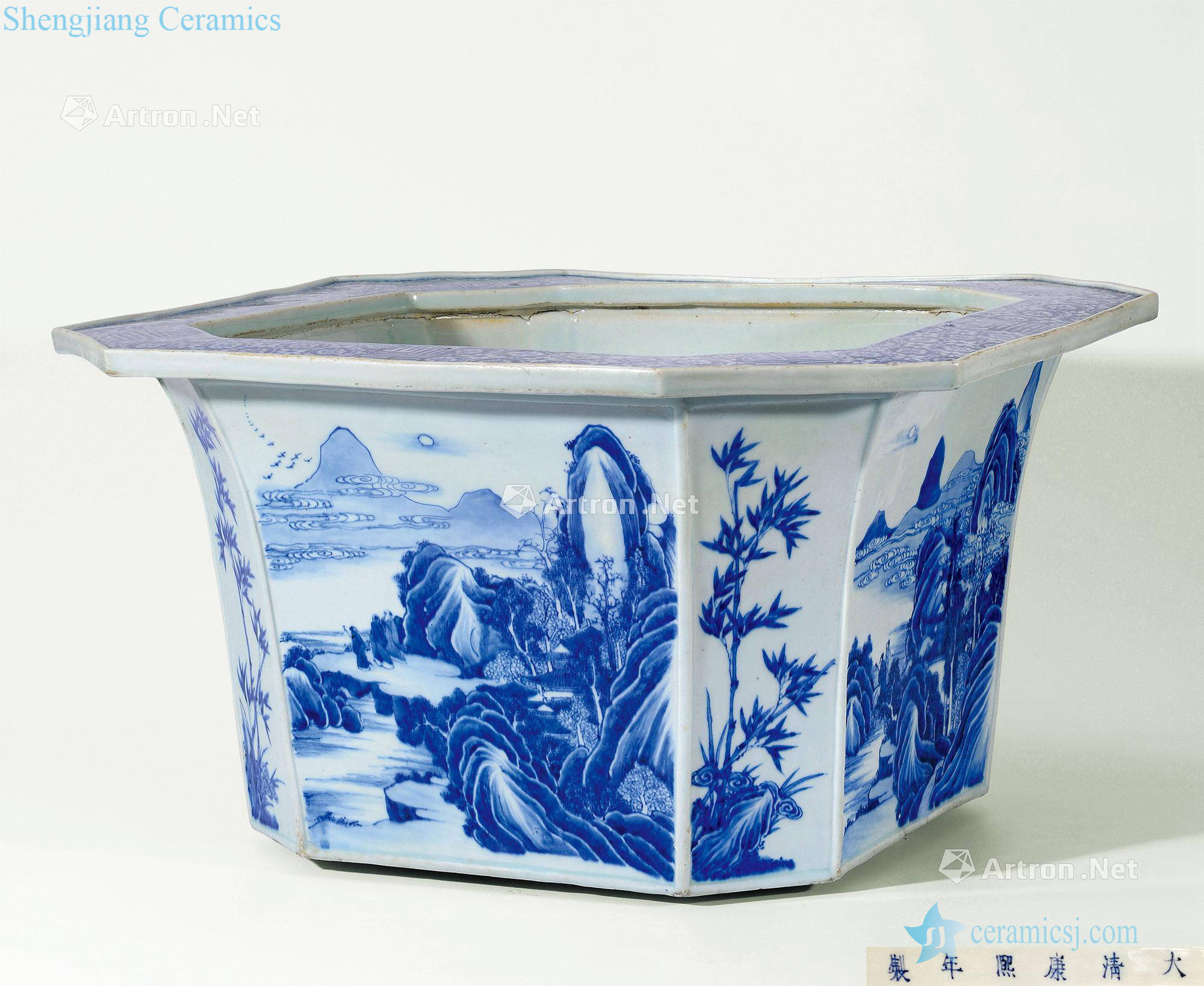 The qing emperor kangxi Blue and white landscape character eight Angle is big flower pot