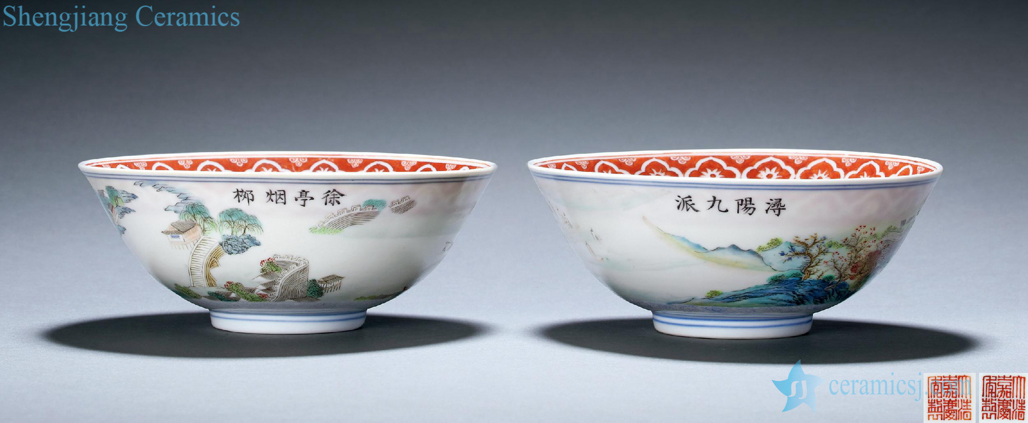 Qing jiaqing pastel jiangxi ten views "Xu Ting YanLiu", "nine 浱 invertors Yang" figure bowl (a)