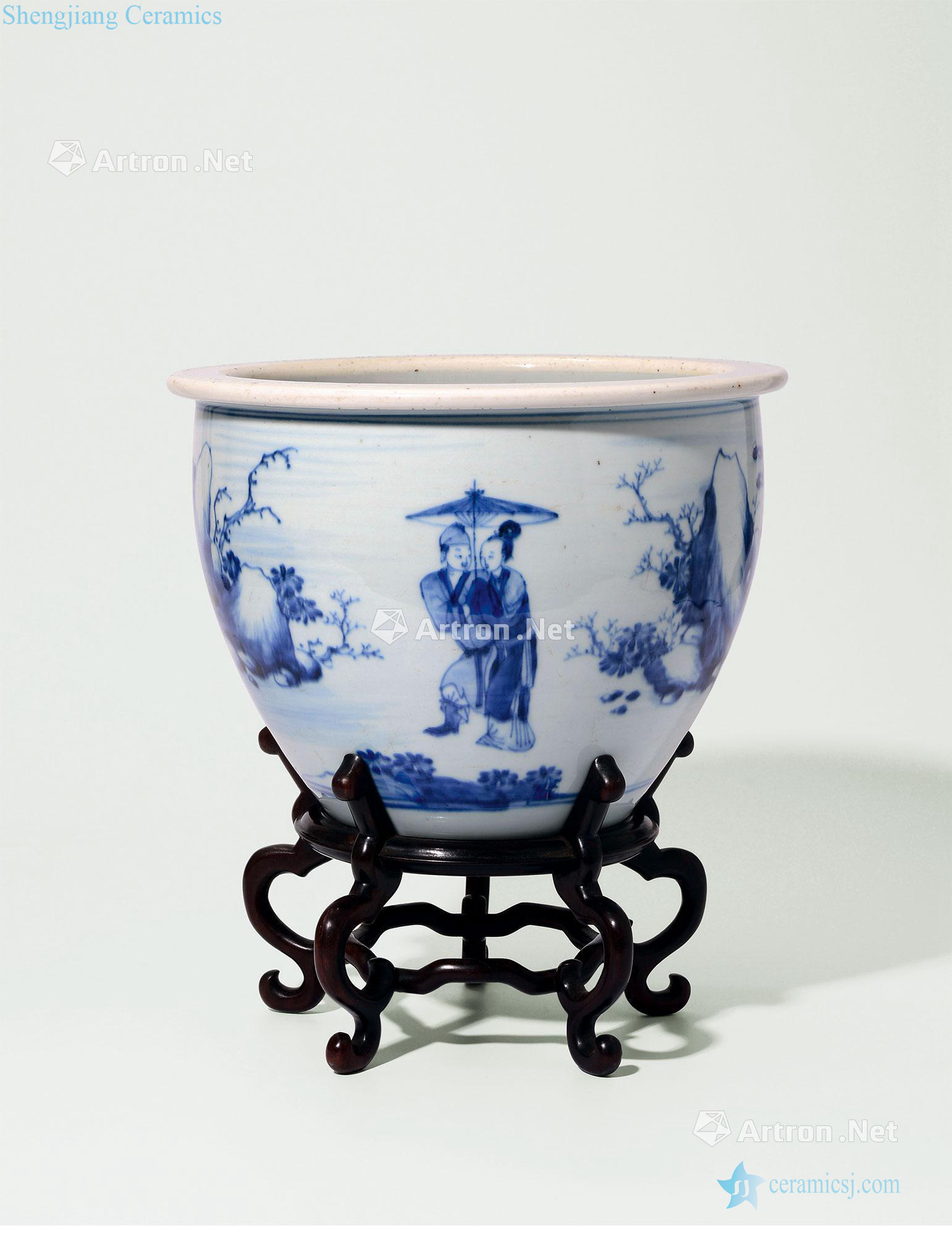 The qing emperor kangxi Blue and white snake "the boat borrow the umbrella story" design cylinder