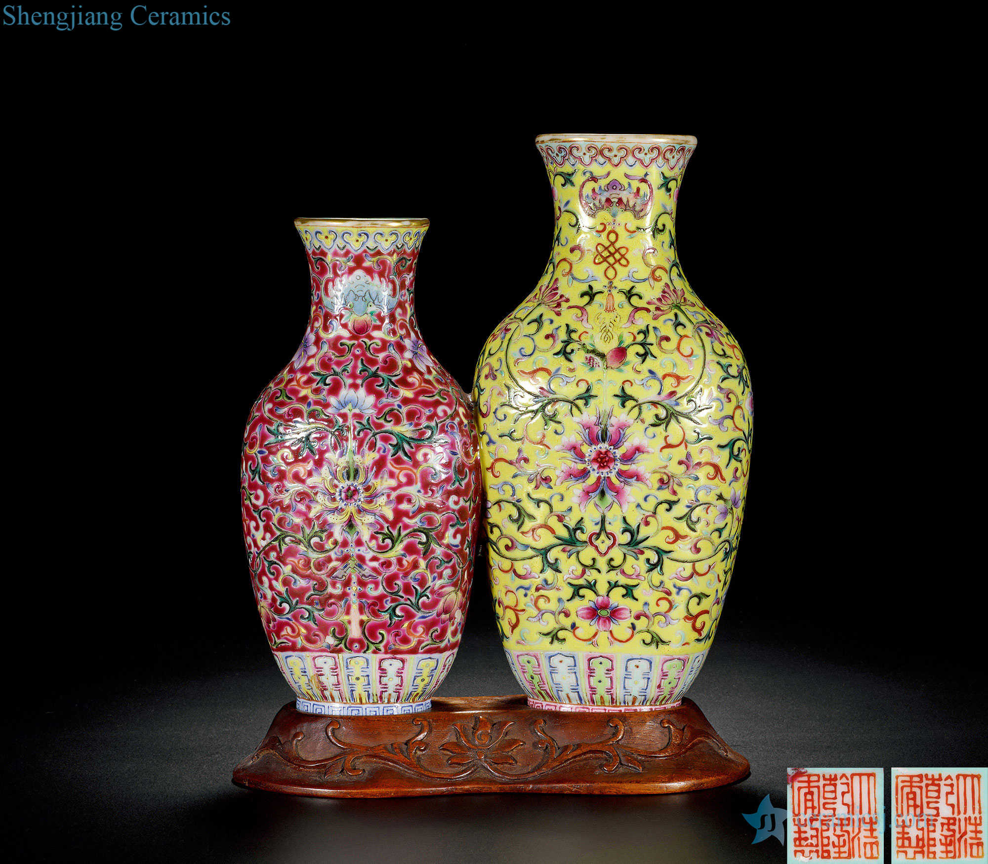 Qing qianlong kam pastel flowers conjoined bottle