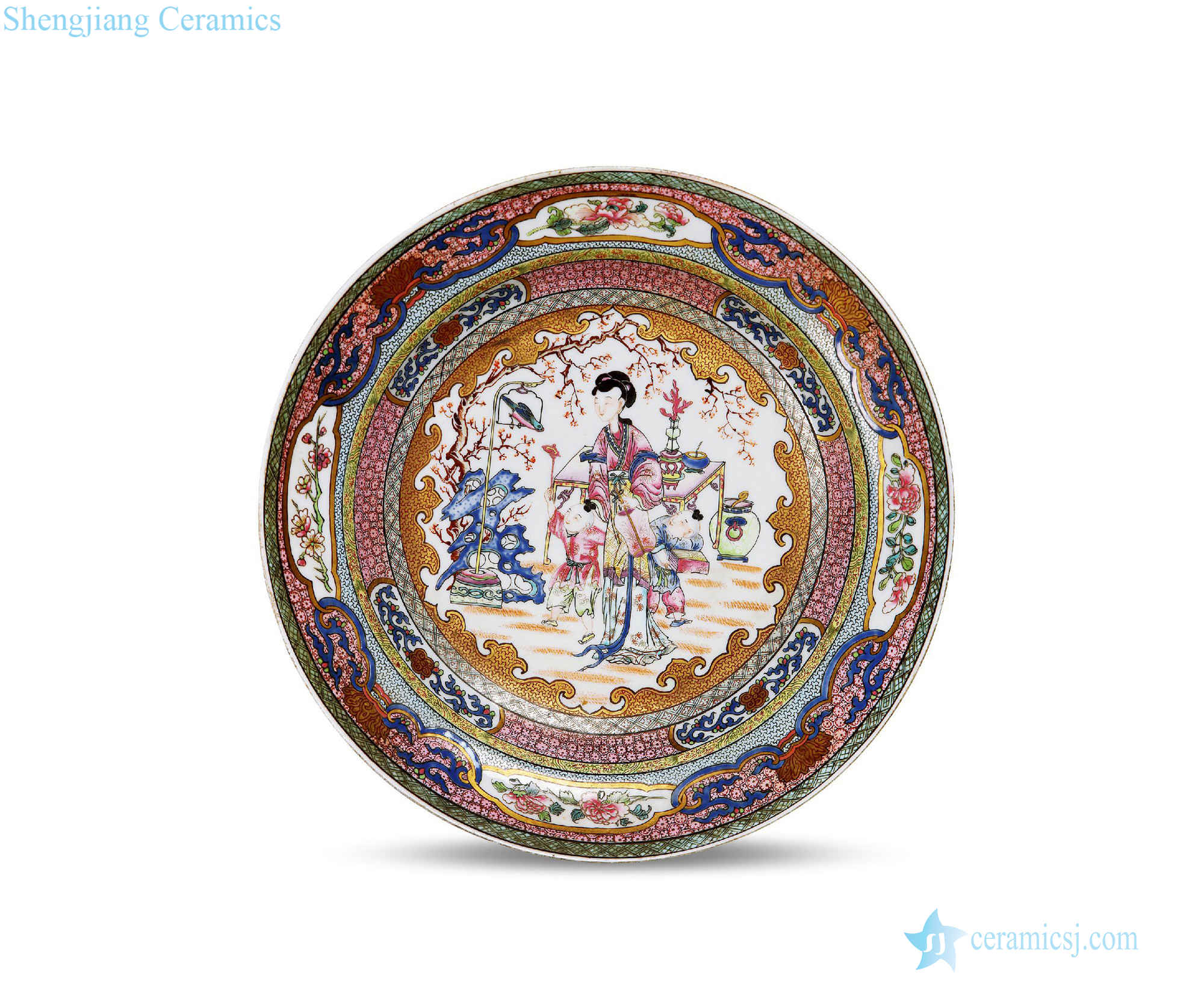 Qing yongzheng pastel kam medallion lady baby play figure plate