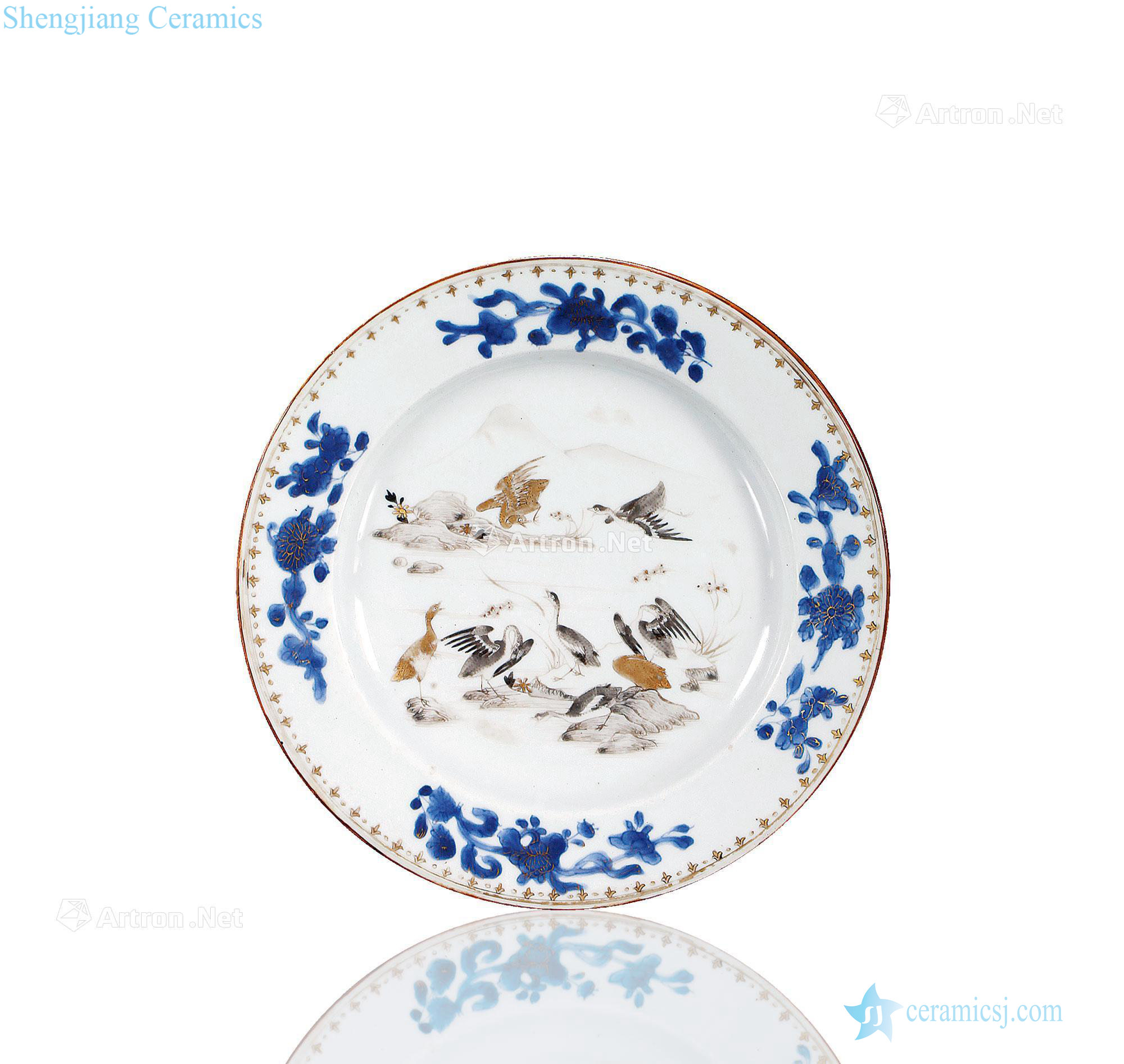 Qing qianlong ink color blue and white paint LuYanWen fold along the plate