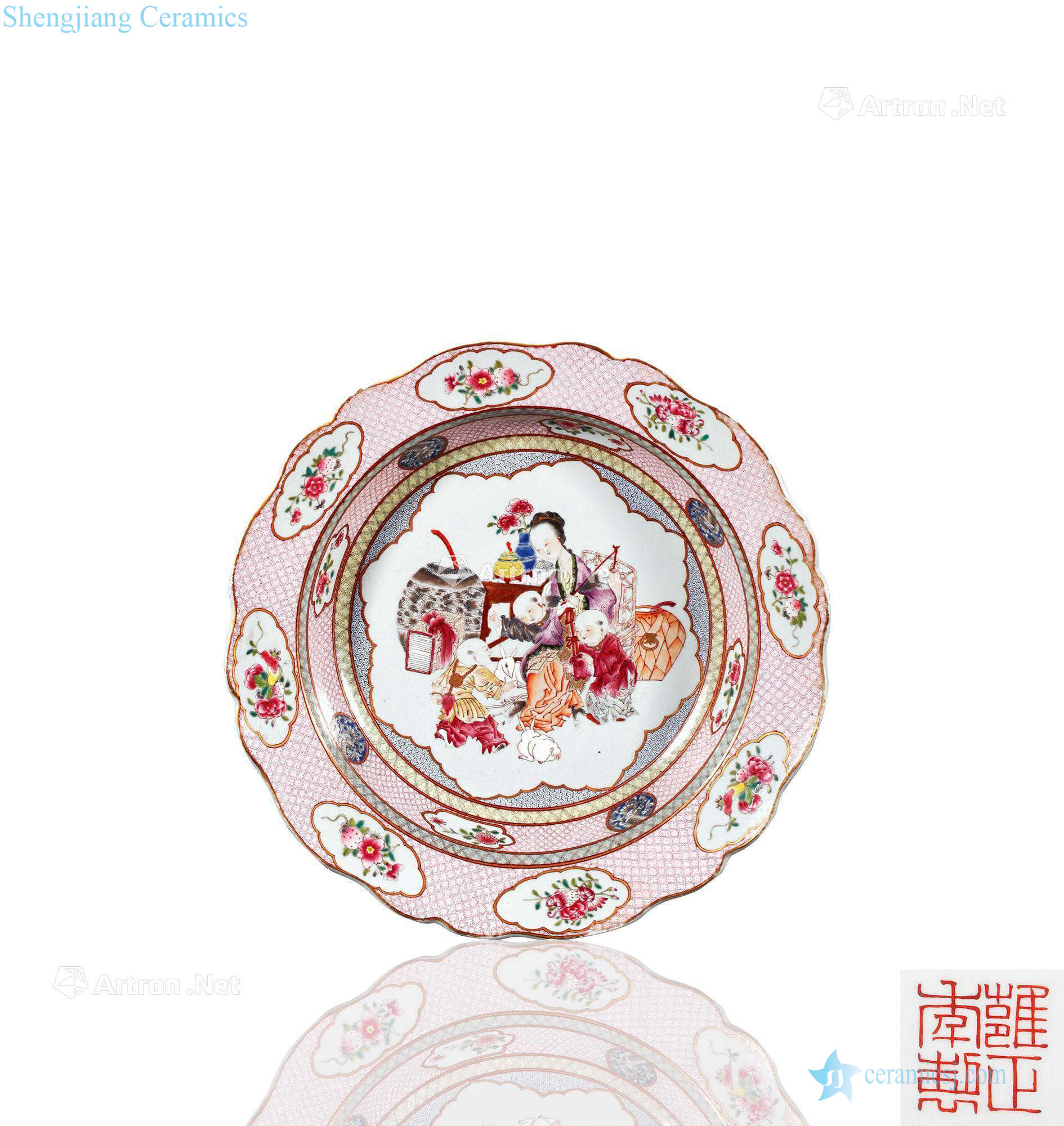 Qing yongzheng pastel kam medallion lady baby play tray
