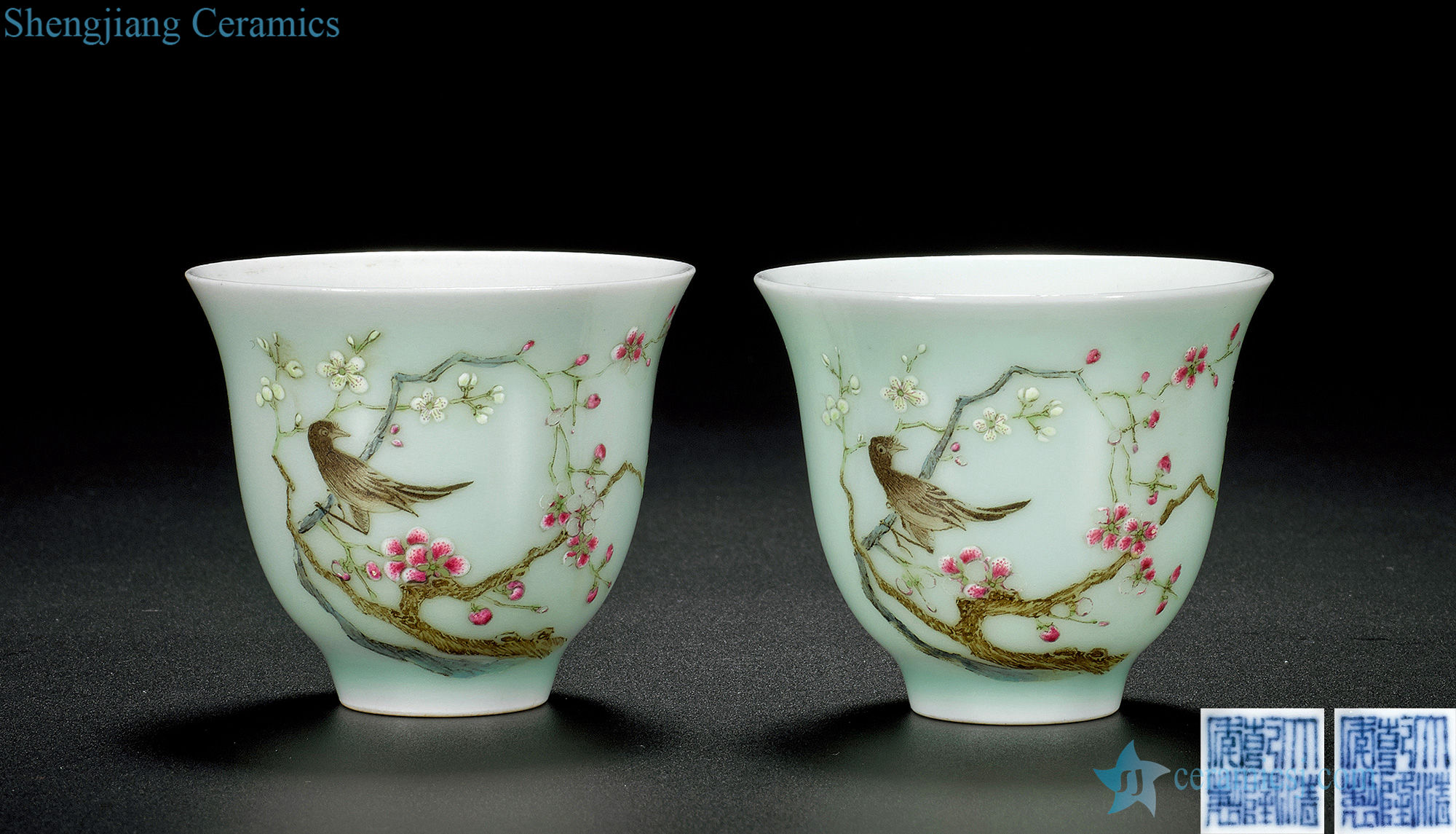 Qing qianlong East green glaze enamel magpie on MeiWen cup