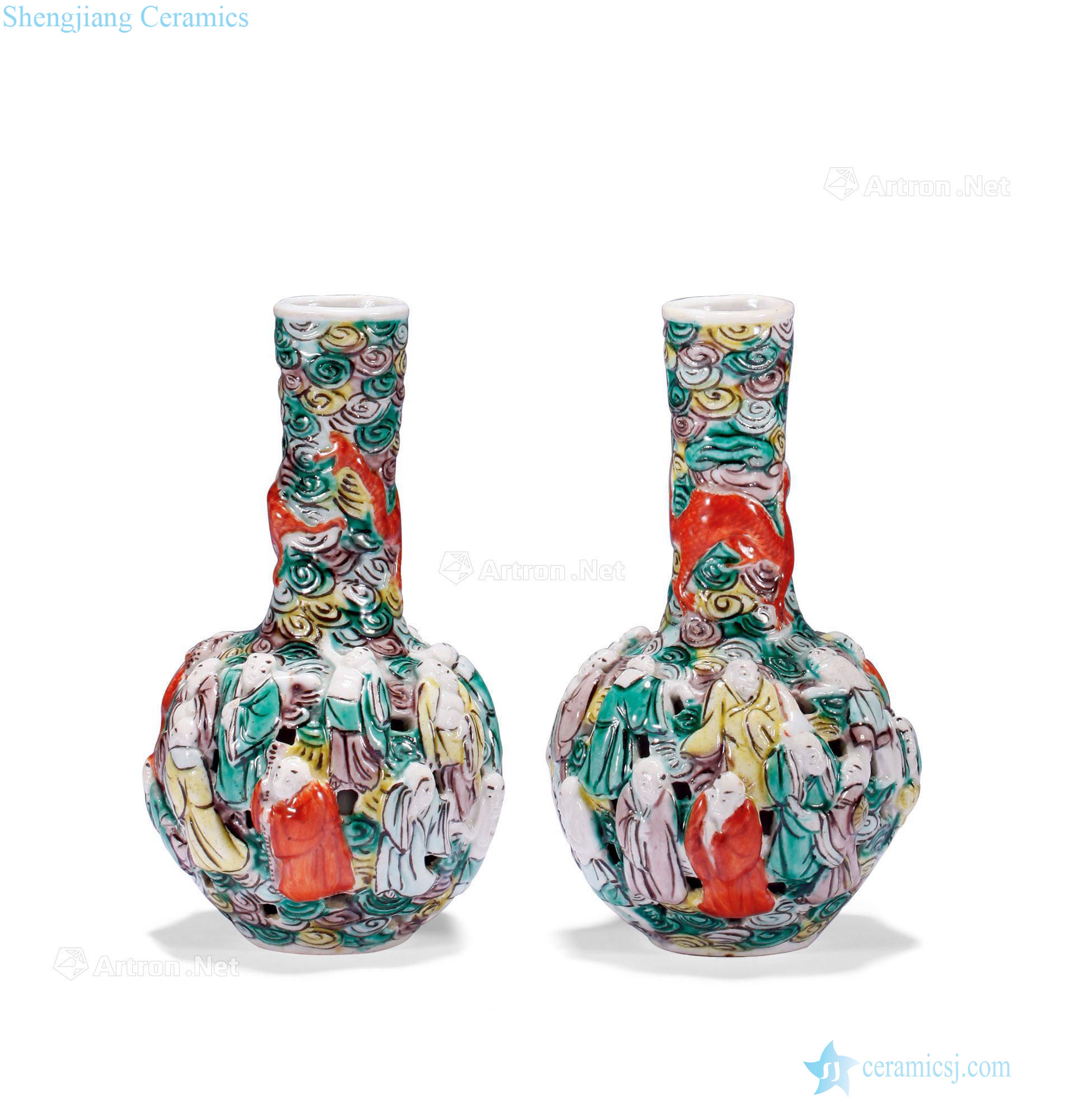 Qing qianlong colorful plastic hollow pile Luo Hanchang flask (a)