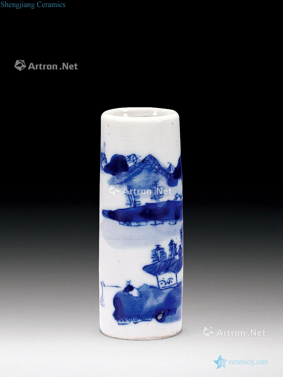 Mid qing Blue and white landscape pattern small tube bottles