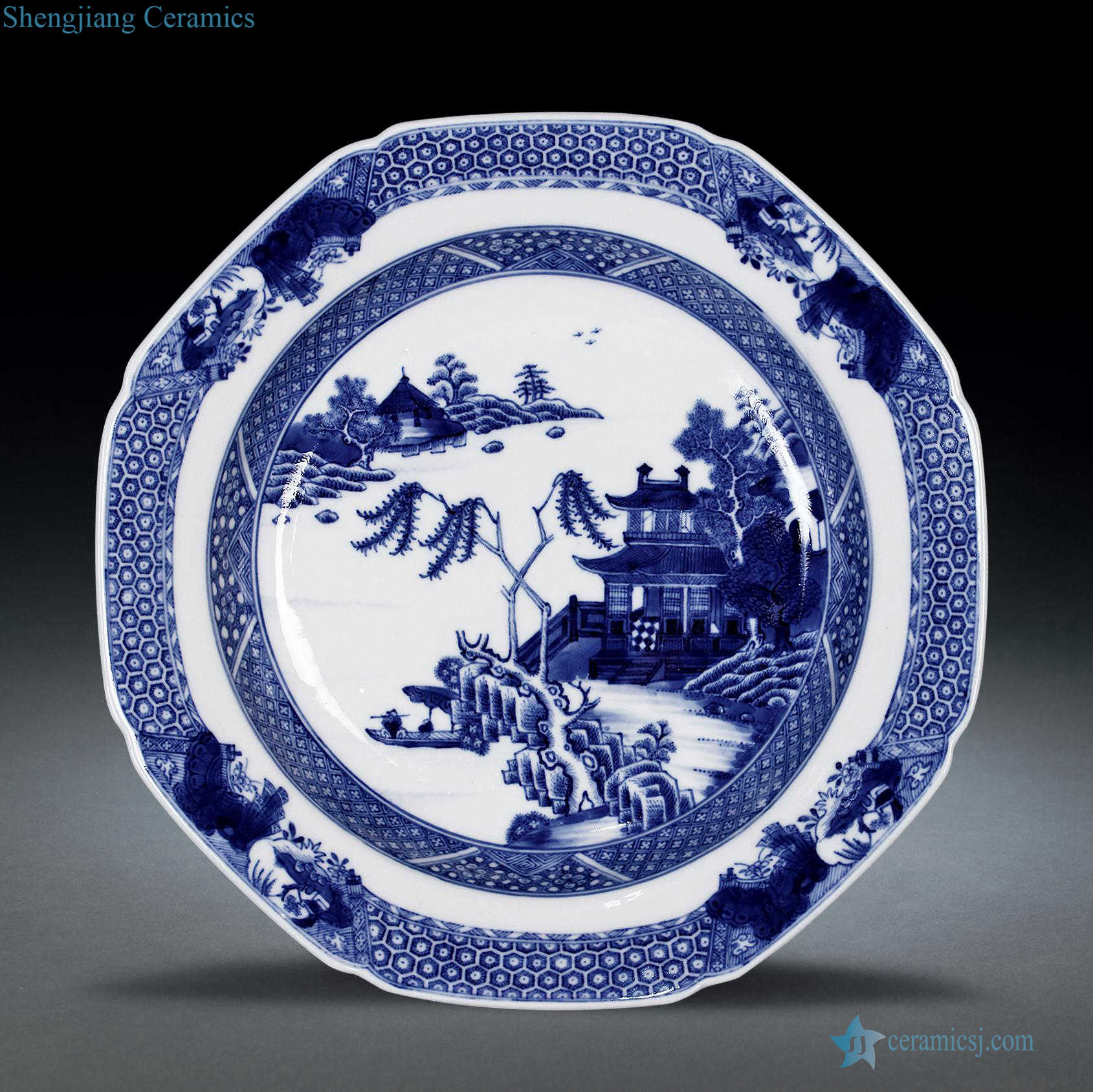 Qing qianlong Blue and white square fold along the plate number crunchers figure eight fishing boat
